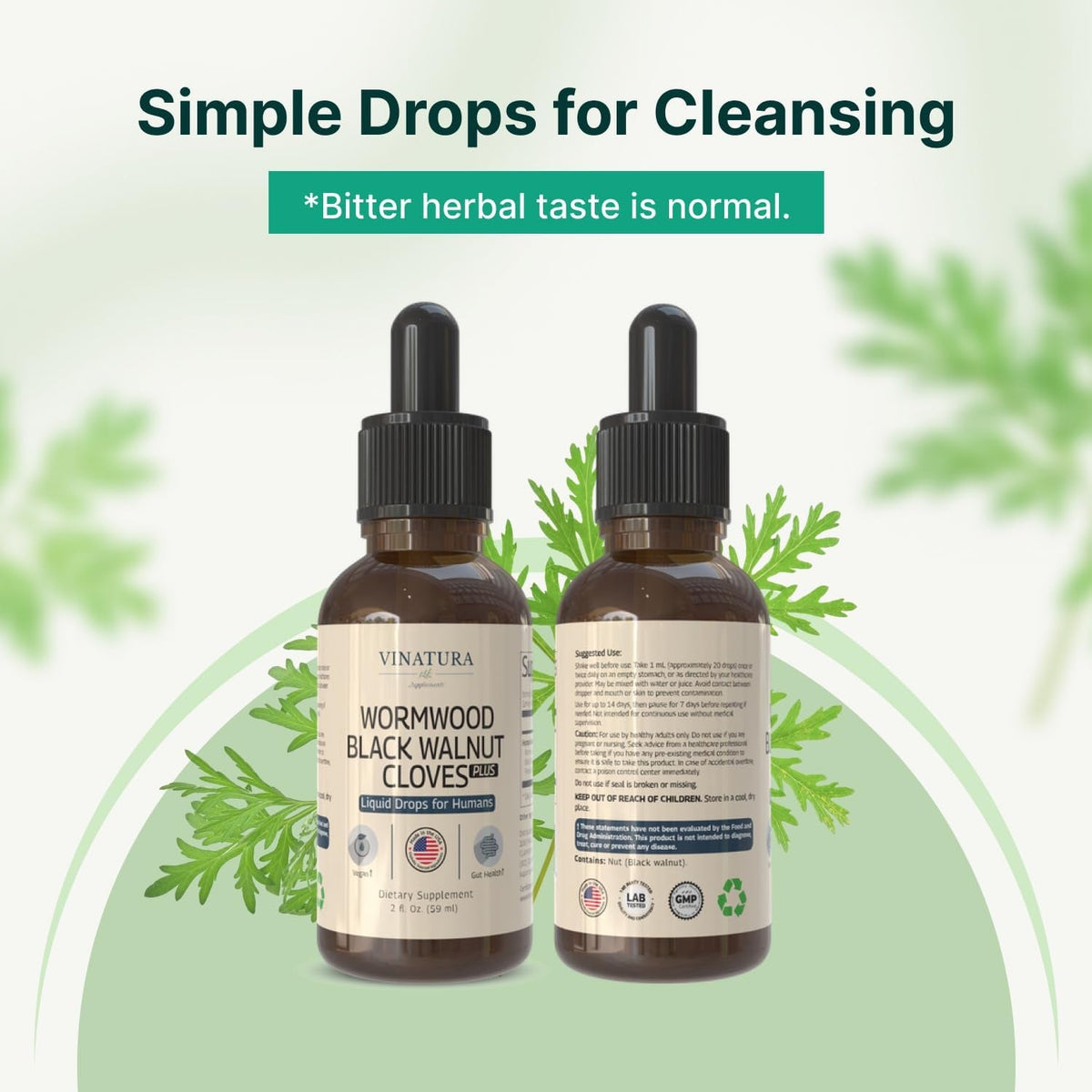 VINATURA Wormwood Black Walnut Cloves Liquid - Cleanse, Detox for Humans with Papaya Leaf and Pumpkin Seed, Intestinal Guard Formula Supplement - 2 Fl Oz