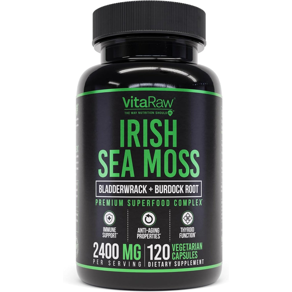 Vitaraw Organic Irish Sea Moss Capsules 2400 Mg - Burdock Root and Bladderwrack Powder Real Seamoss Pills for Immune Support, Joint and Gut Health Help - Raw Sea Moss Advanced Herbal Supplement