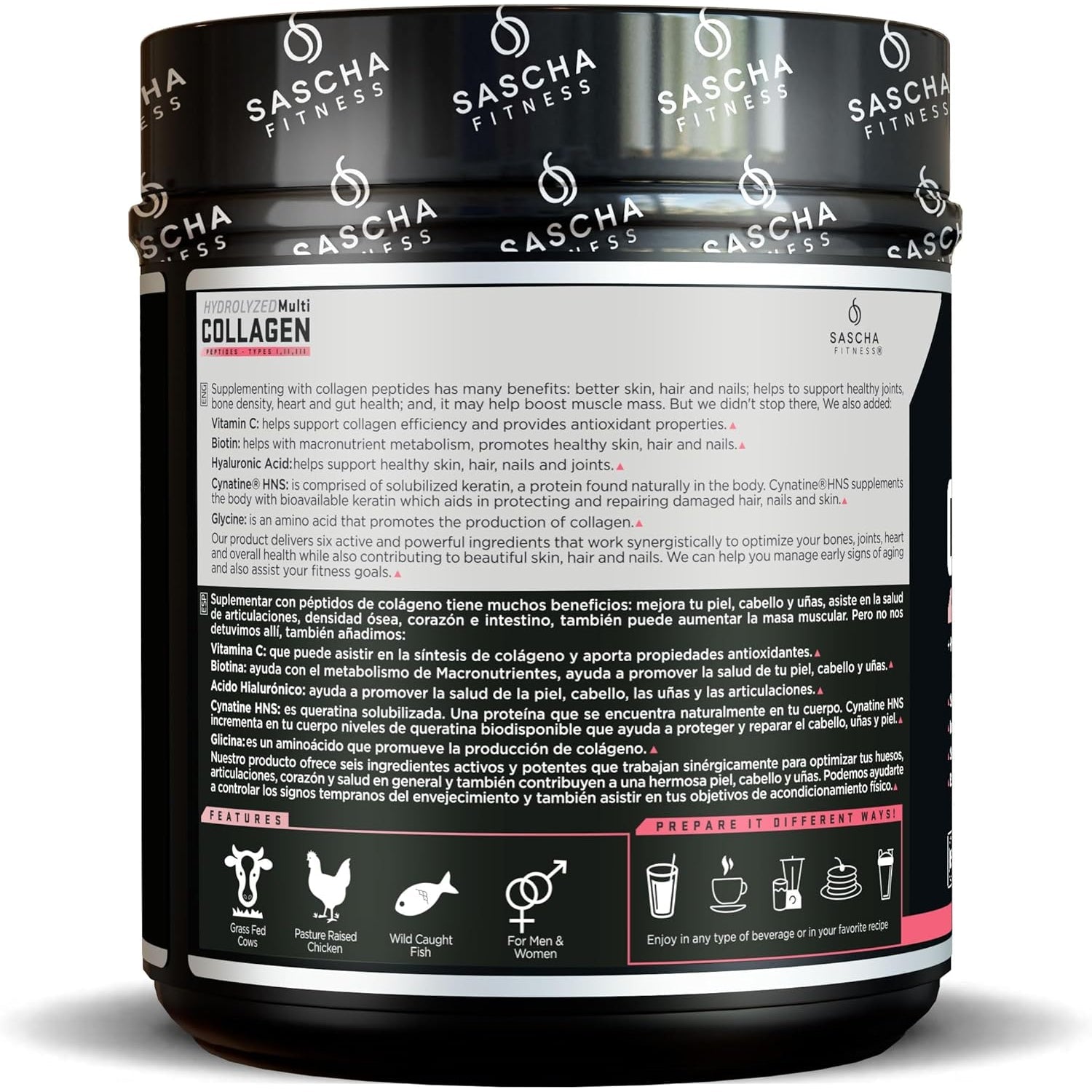 SASCHA FITNESS Hydrolyzed Multi Collagen Peptides Tipes 1,2 & 3 |Hyaluronic Acid|Biotin |Cynatine Hsn|Vitamin C & E |For Hairs, Skin & Bone Support|Strawberry Lemonade