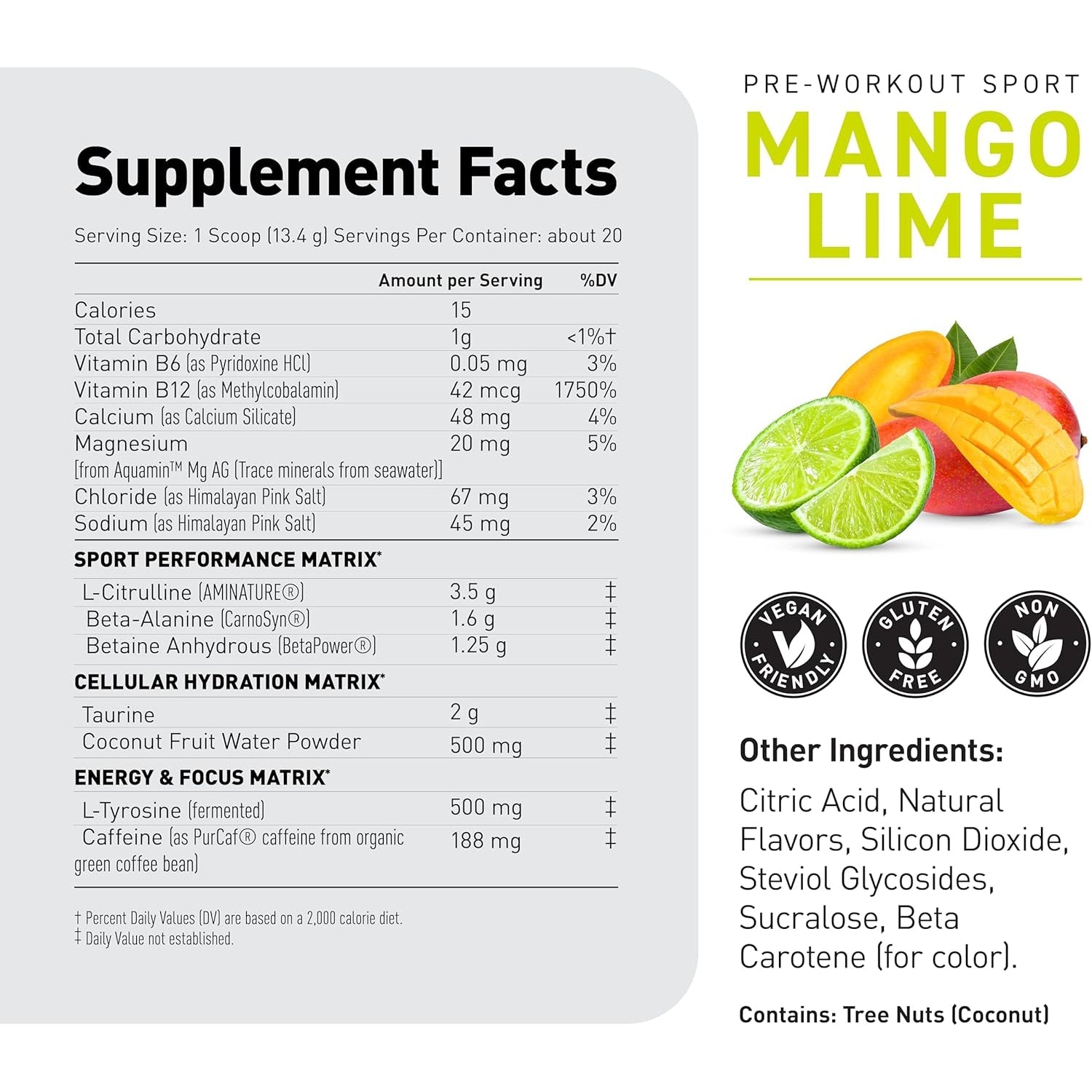 Kaged Sport Pre Workout Powder for Men & Women, Mango Lime, Sport Certified, 188Mg Caffeine, Nitric Oxide Supplement, Beta Alanine for Energy, Weightlifting, Cardio Endurance & Strength, 20 Servings