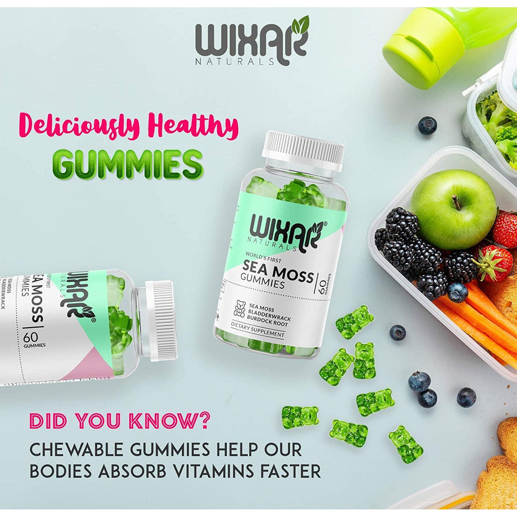 WIXAR NATURALS Sea Moss Gummies - Natural Irish Sea Moss and Bladderwrack with Burdock Gummy - 60 Gummies - Vegan - Healthy Immune, Gut & Overall Wellness Support - Herbal Alkaline Supplements