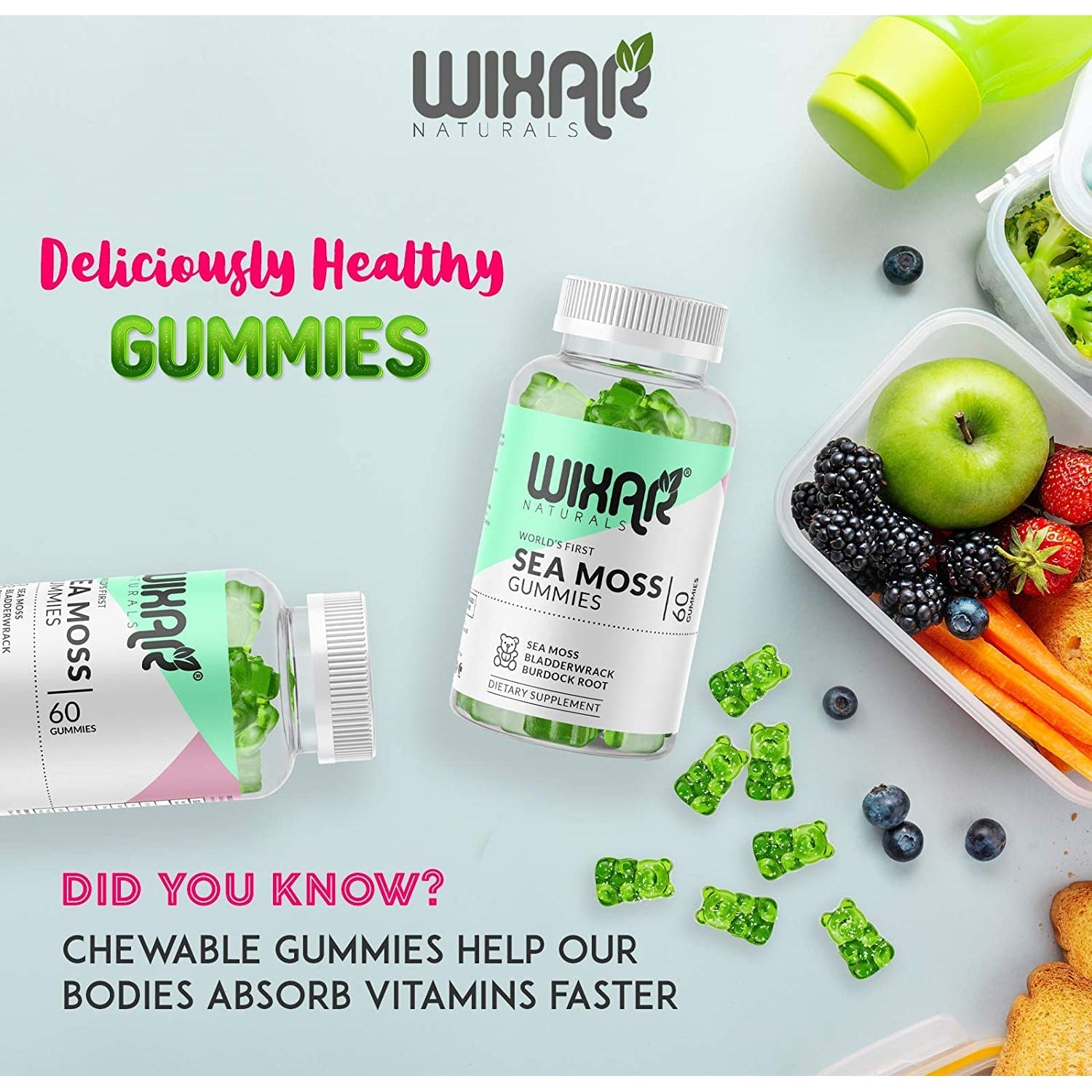 WIXAR NATURALS Sea Moss Gummies - Natural Irish Sea Moss and Bladderwrack with Burdock Gummy - 60 Gummies - Vegan - Healthy Immune, Gut & Overall Wellness Support - Herbal Alkaline Supplements