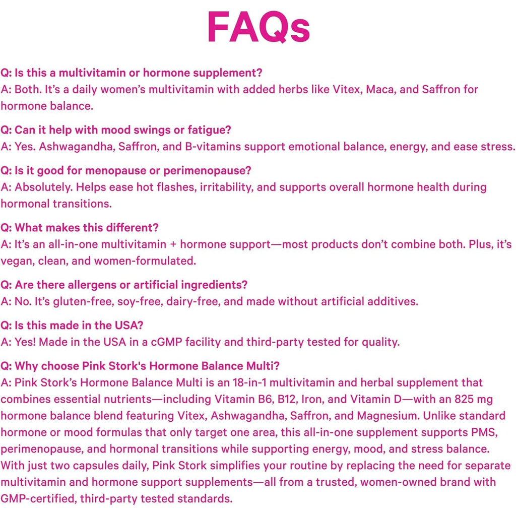 Pink Stork Hormone Balance Multivitamin for Women | 18-In-1 Vitex, Saffron, Ashwagandha, Magnesium | Mood, Energy, Cortisol, Adrenal Support | PMS, Perimenopause Support | 60 Vegan Capsules