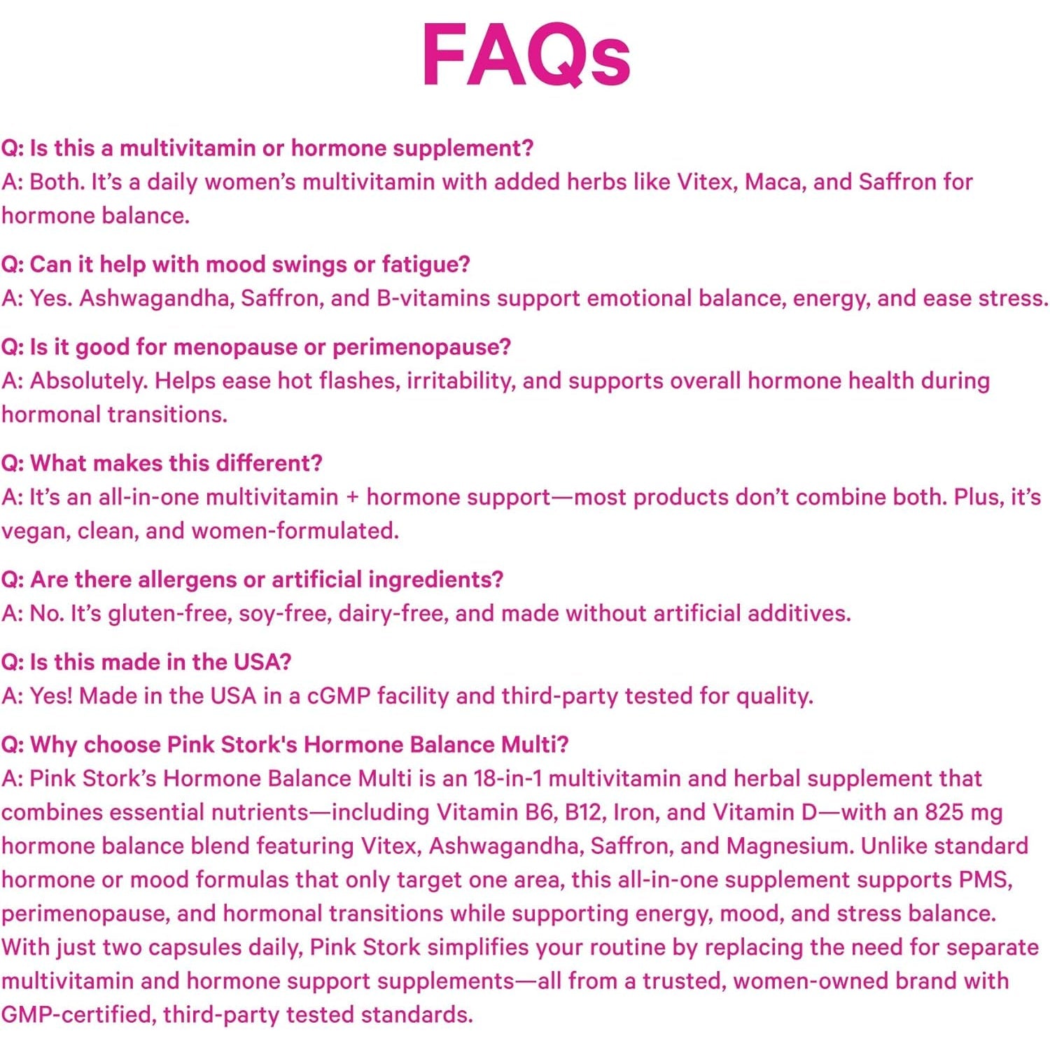 Pink Stork Hormone Balance Multivitamin for Women | 18-In-1 Vitex, Saffron, Ashwagandha, Magnesium | Mood, Energy, Cortisol, Adrenal Support | PMS, Perimenopause Support | 60 Vegan Capsules