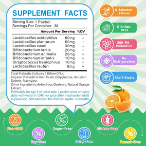 ZEBORA Kids Probiotic & Prebiotics Powder Age 3+ Support Children'S Digestive & Immune System with Natural Source, Promotes Constipation Relief, Non-Gmo, Gluten-Free, 30 Packets with 5 Billion Cfus