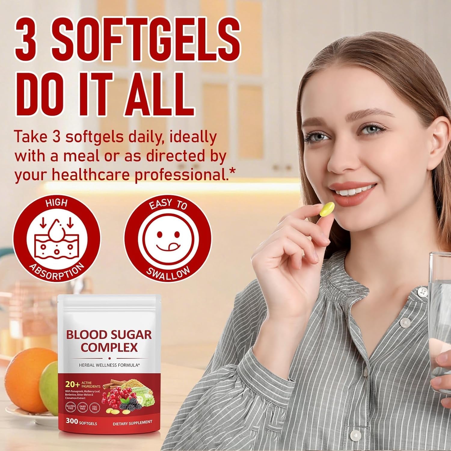 300 Softgels Blood Sugar Complex Supplement | 20+ Active Herbs-Berberine, Ceylon Cinnamon, Bitter Melon, Mulberry Leaf, Fenugreek, Vitamins for Energy Level, Vitality Support | Clean Formula