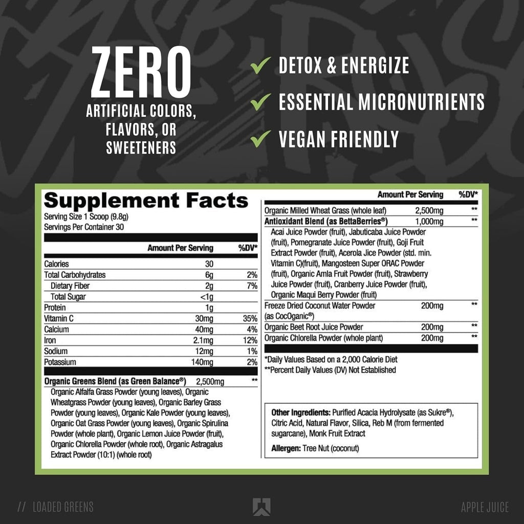 RYSE Loaded Greens Superfood Powder - Apple Juice - Daily Supplement with Greens Balance, Bettaberries & Sukre Fiber - Supports Digestion, Immunity & Energy - No Artificial Sweeteners - 30 Servings