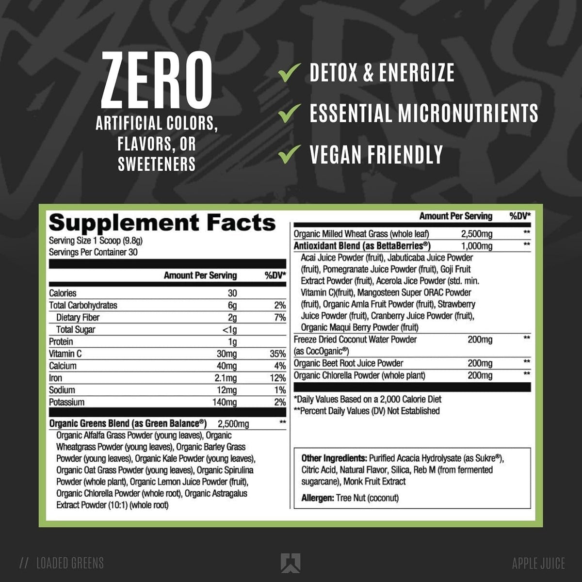 RYSE Loaded Greens Superfood Powder - Apple Juice - Daily Supplement with Greens Balance, Bettaberries & Sukre Fiber - Supports Digestion, Immunity & Energy - No Artificial Sweeteners - 30 Servings