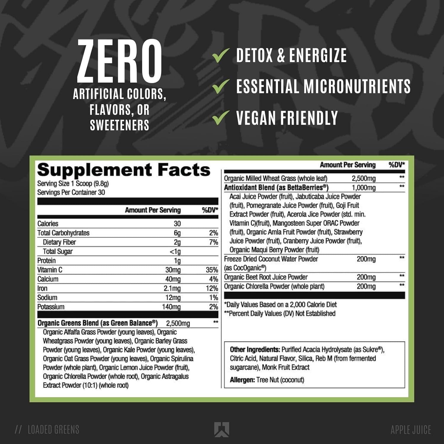 RYSE Loaded Greens Superfood Powder - Apple Juice - Daily Supplement with Greens Balance, Bettaberries & Sukre Fiber - Supports Digestion, Immunity & Energy - No Artificial Sweeteners - 30 Servings