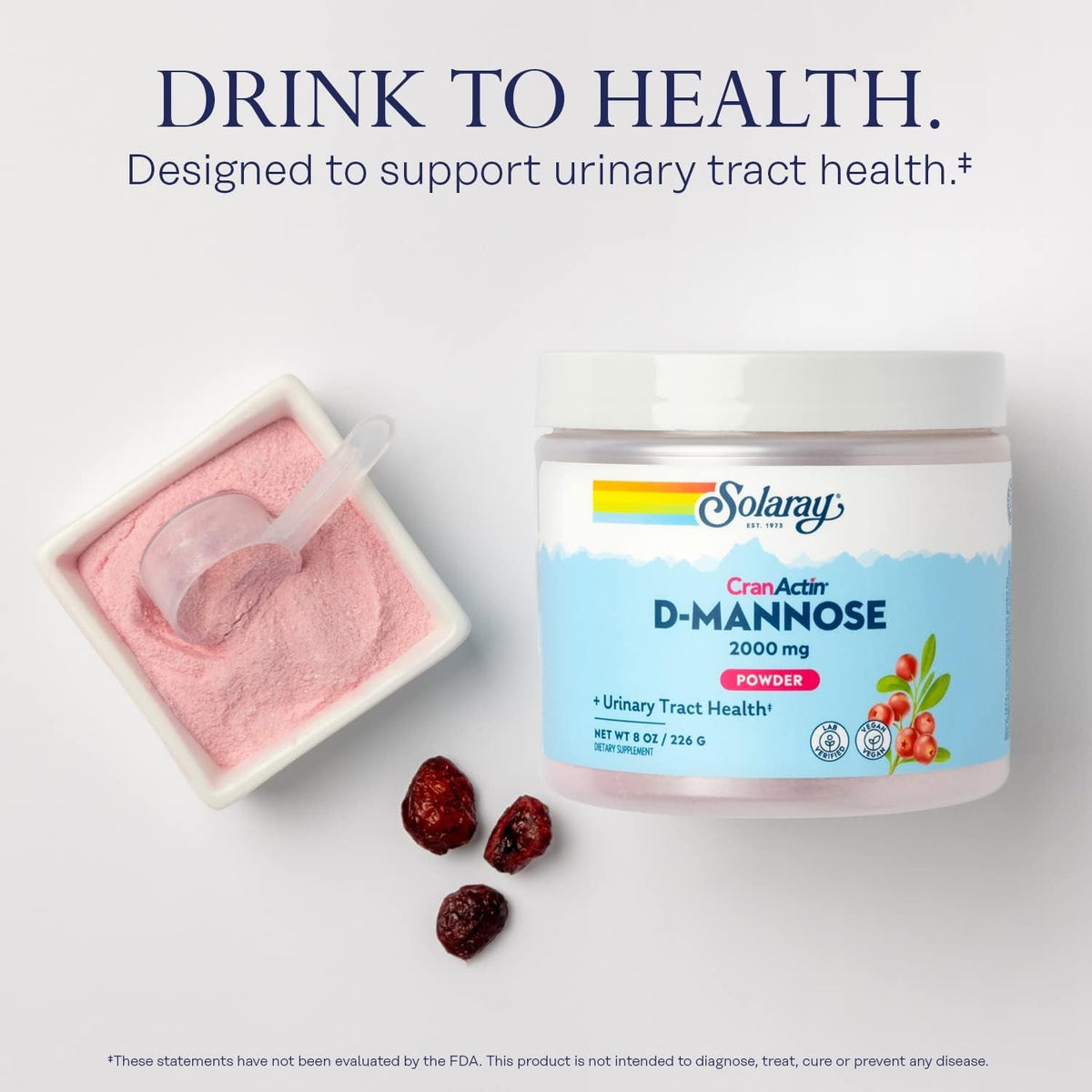 SOLARAY D-Mannose with Cranactin Cranberry AF Extract Powder, 2000 Mg, 400 Mg of Cranberry Extract, Healthy Urinary Tract Support, Organic Natural Flavors, 30 Servings, 8 Oz
