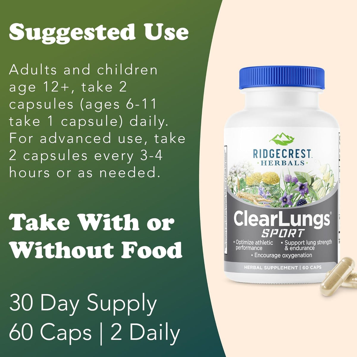 Ridgecrest Herbals Clearlungs Sport, Oxygen Intake and Lung Support Formula with Cordyceps, Rhodiola, Eleuthero (60 Vegan Caps, 30 Serv)