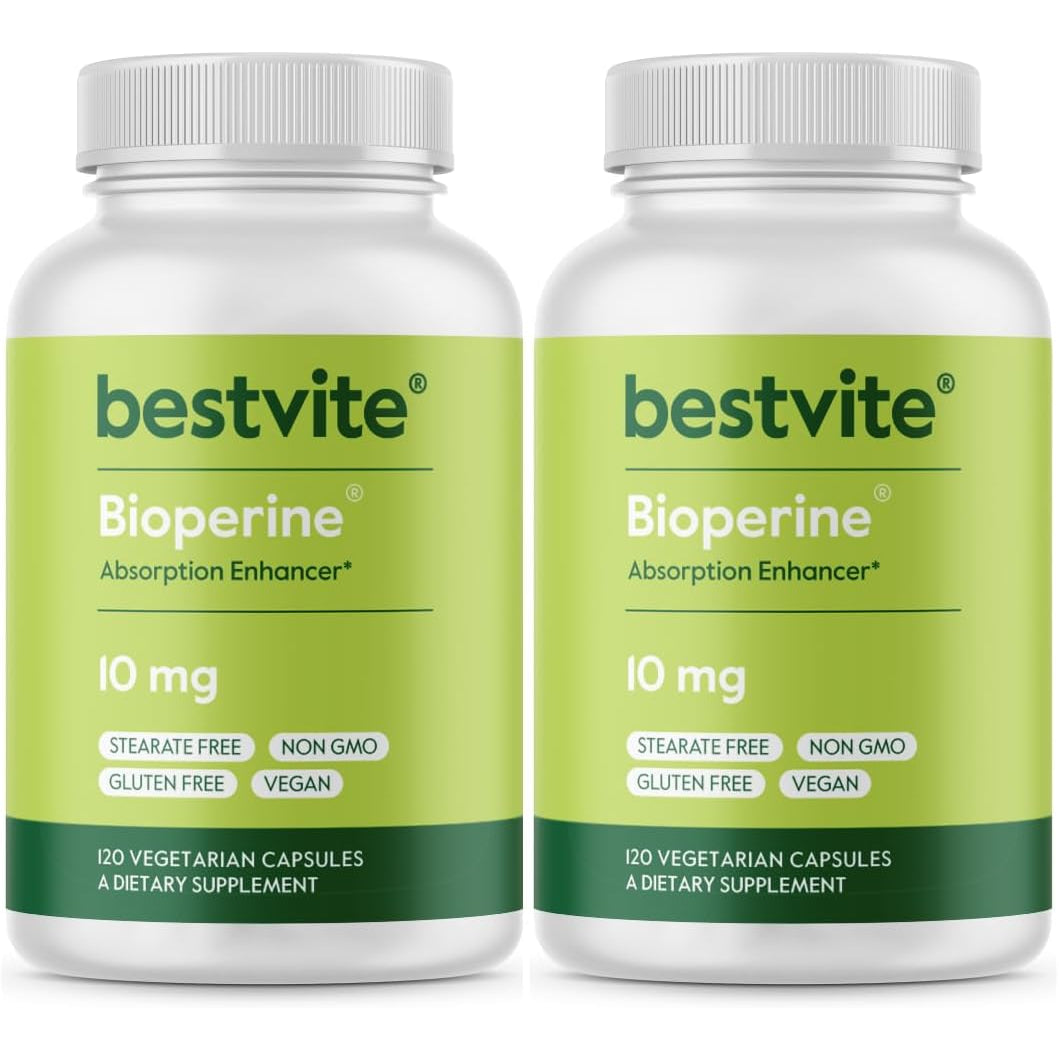 BESTVITE Bioperine 10Mg (240 Vegetarian Capsules) (120 X 2) - No Stearates - Vegan - Non GMO - Gluten Free - Absorption Enhancer