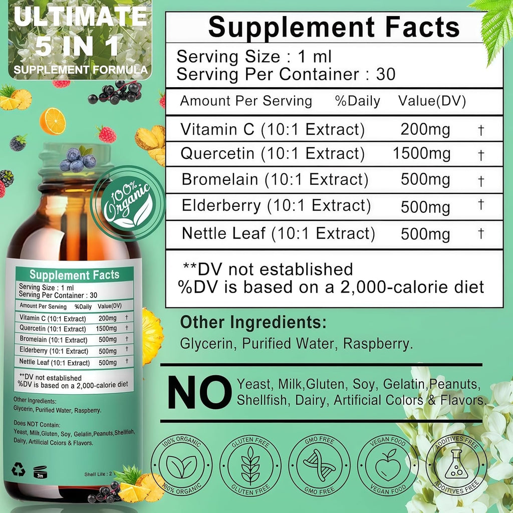 Quercetin Liquid Drops, Quercetin with Bromelain Elderberry Nettle Leaf Vitamin C Liquid Supplements, High Absorption Quercetin Liquid Drops for Women Men, Healthy Immune Antioxidant Support, Non-Gmo