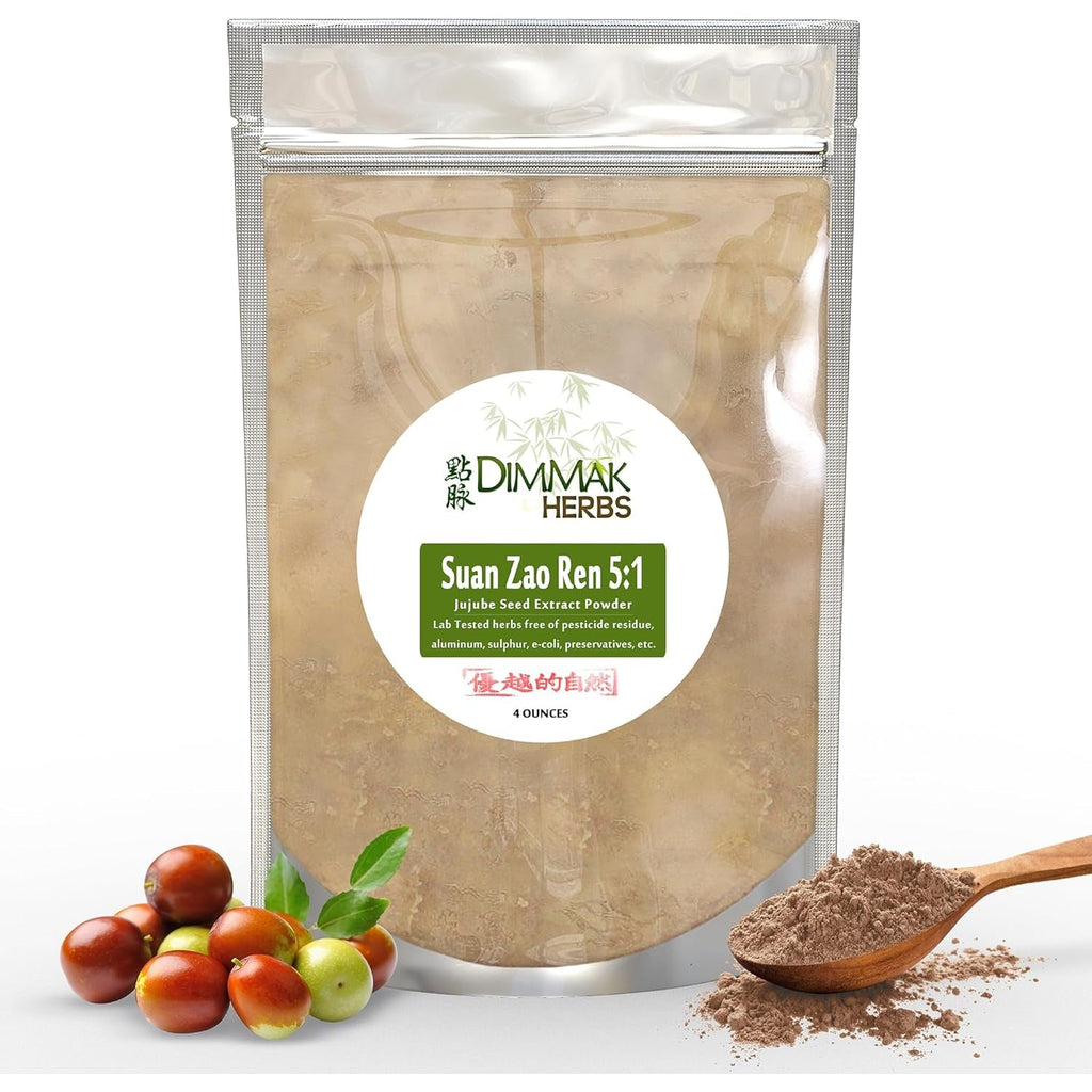 Dimmak Herbs Organic Suan Zao Ren 5:1 Extract (Sour Jujube Seed)- Premium Natural Sleep Aid for Occasional Sleeplessness, Stress Relief & Night Sweats- Calms the Spirit (Shen)- Non-Habit Forming (4Oz)