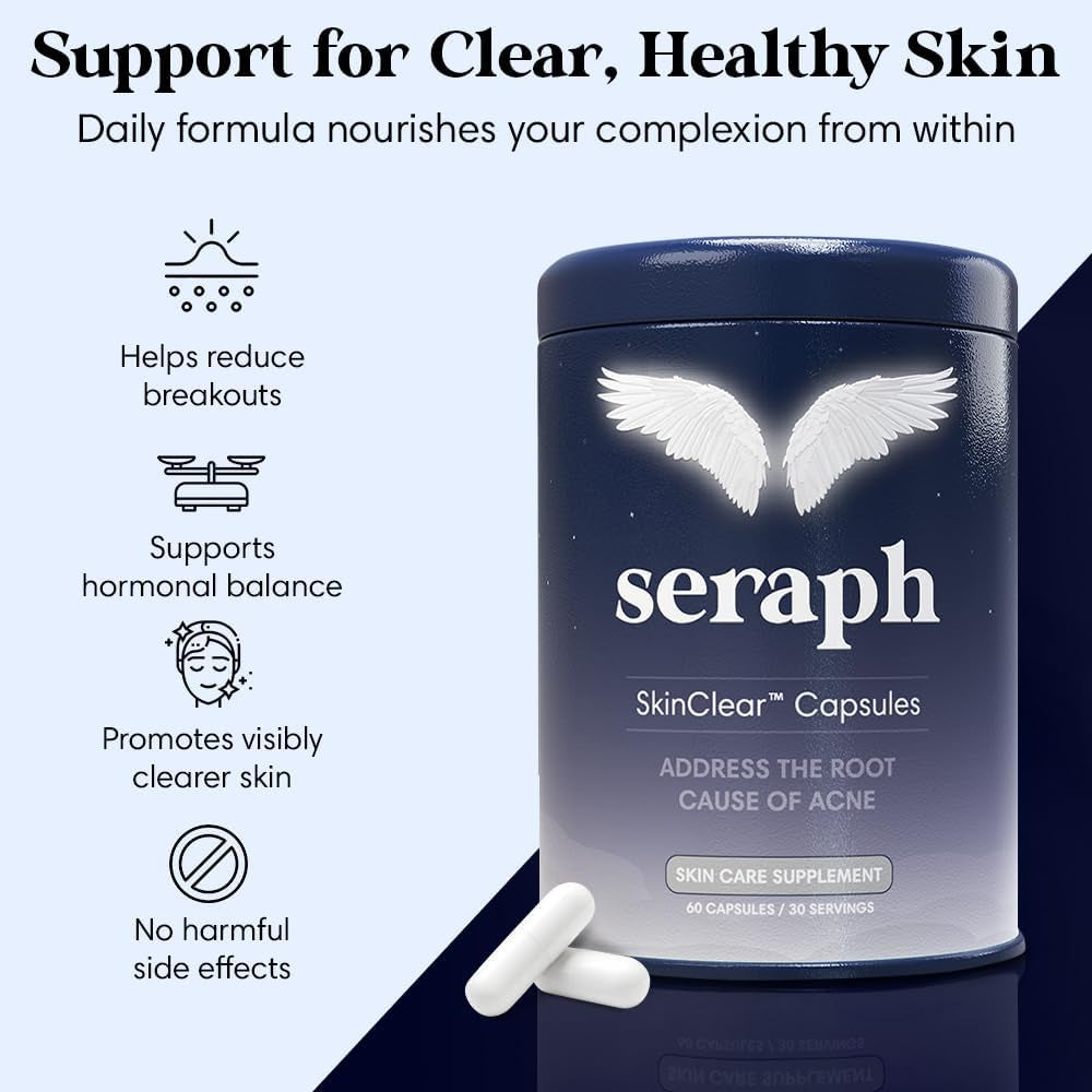 Seraph Acne Supplement - Hormonal Acne Pills Treatment - Pimple Supplements for Women - Skin Clear Capsules for Teen, Men, & Adults - Made in USA - 60 Tablets