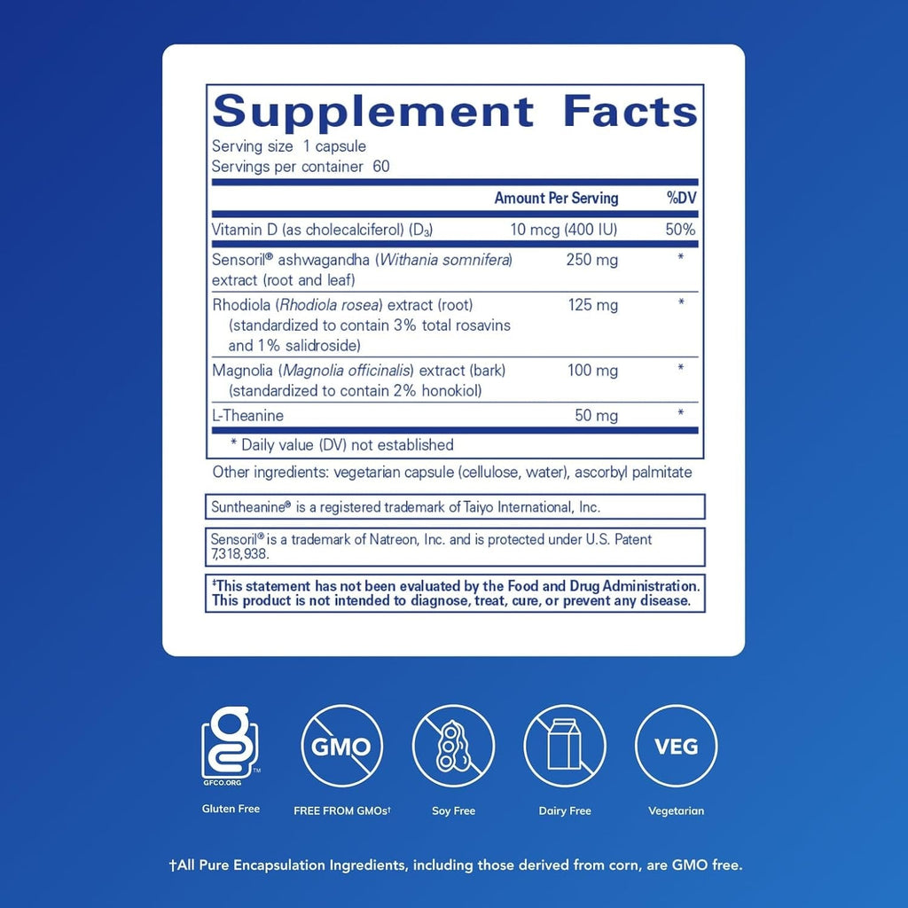 Pure Encapsulations Cortisol Calm - Supports Cortisol Health & Relaxation - Contains Ashwagandha, Magnolia Bark, Rhodiola Rosea & L-Theanine - Restful Sleep* - 60 Capsules