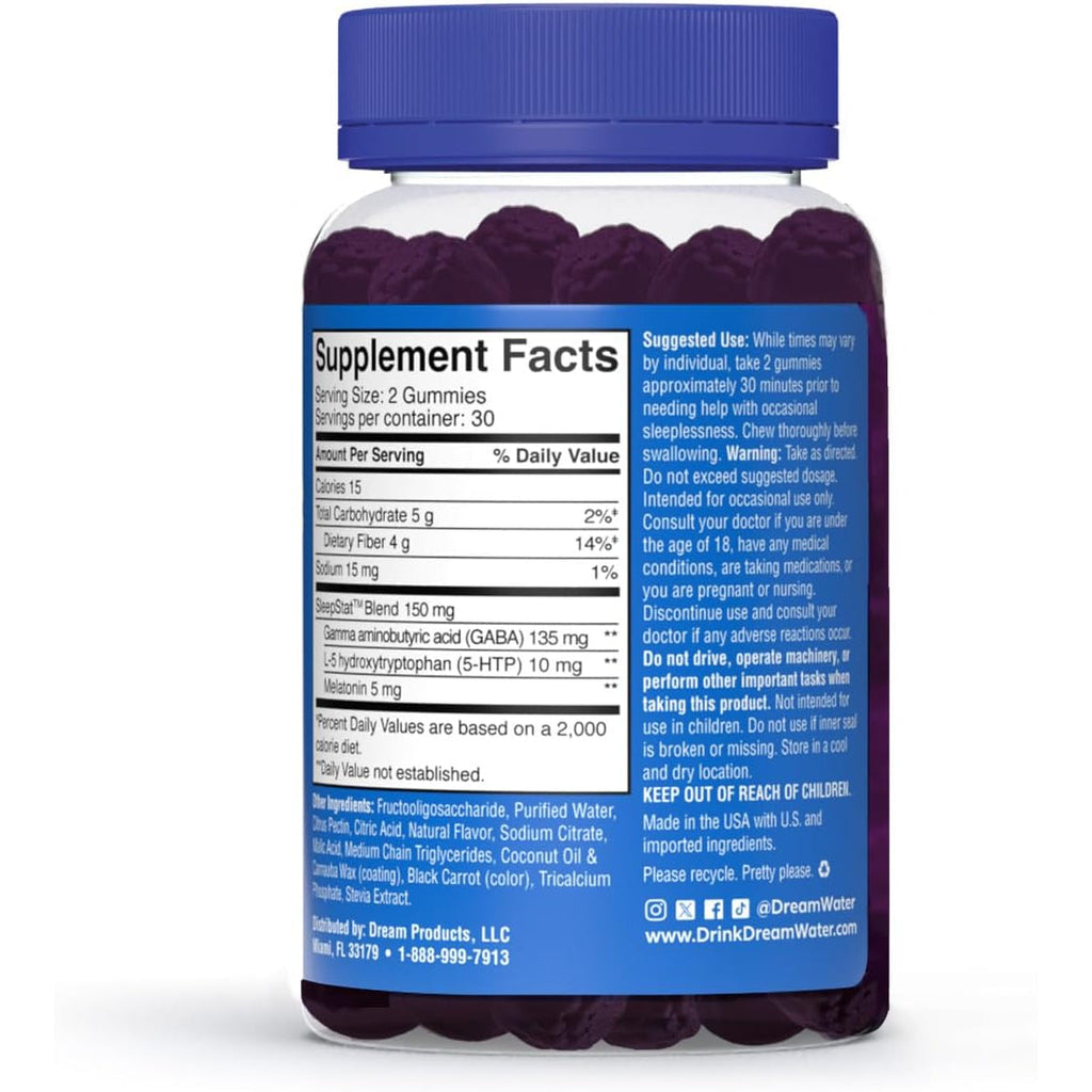 Dream Water Sleep Gummies (60 Count) Sleep Aids for Adults - 5Mg Melatonin, GABA, 5-HTP - Natural Snoozeberry Flavor (Blue Raspberry) - Easy Chew Melatonin Gummies - Sugar Free, Gluten Free, Vegan.