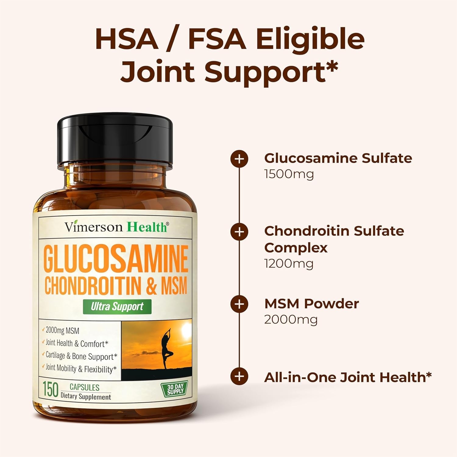 Glucosamine Chondroitin MSM – 3-In-1 Joint Supplements for Women and Men with Glucosamine Sulfate 1500Mg, Chondroitin Sulfate 1200Mg & Potent 2000Mg MSM for Cartilage & Joint Support – 150 Capsules