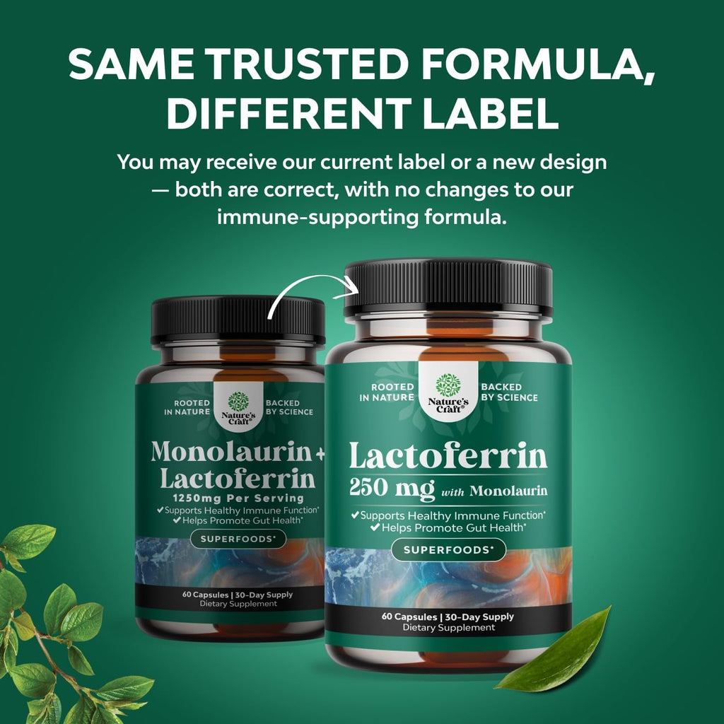 High Strength 250Mg Lactoferrin & 1000Mg Monolaurin Supplement - Microbiome Digestive Health Immune Support Supplement - Lactoferrin and Monolaurin Capsules - Vegetarian - 60 Count (Pack of 1)