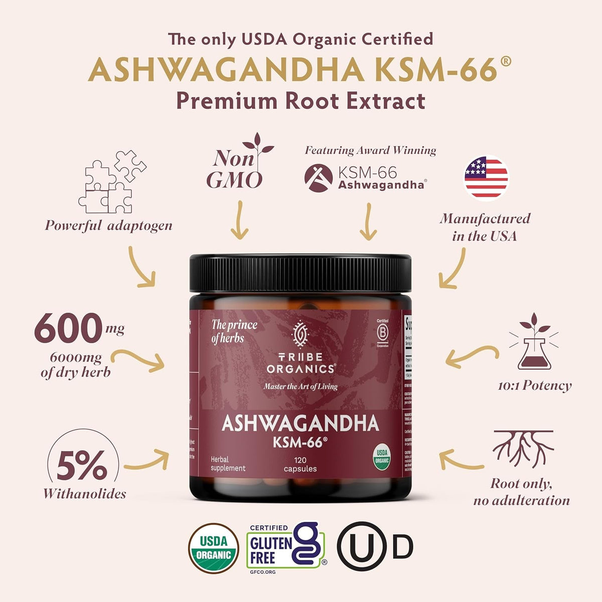 TRIBE ORGANICS Ashwagandha KSM 66 Pure Organic Root Powder Extract Ayurvedic Supplement - Focus, Mood Support, Increase Energy, Strength, 600Mg of Natural KSM66 for Superior Absorption - 120 Capsules