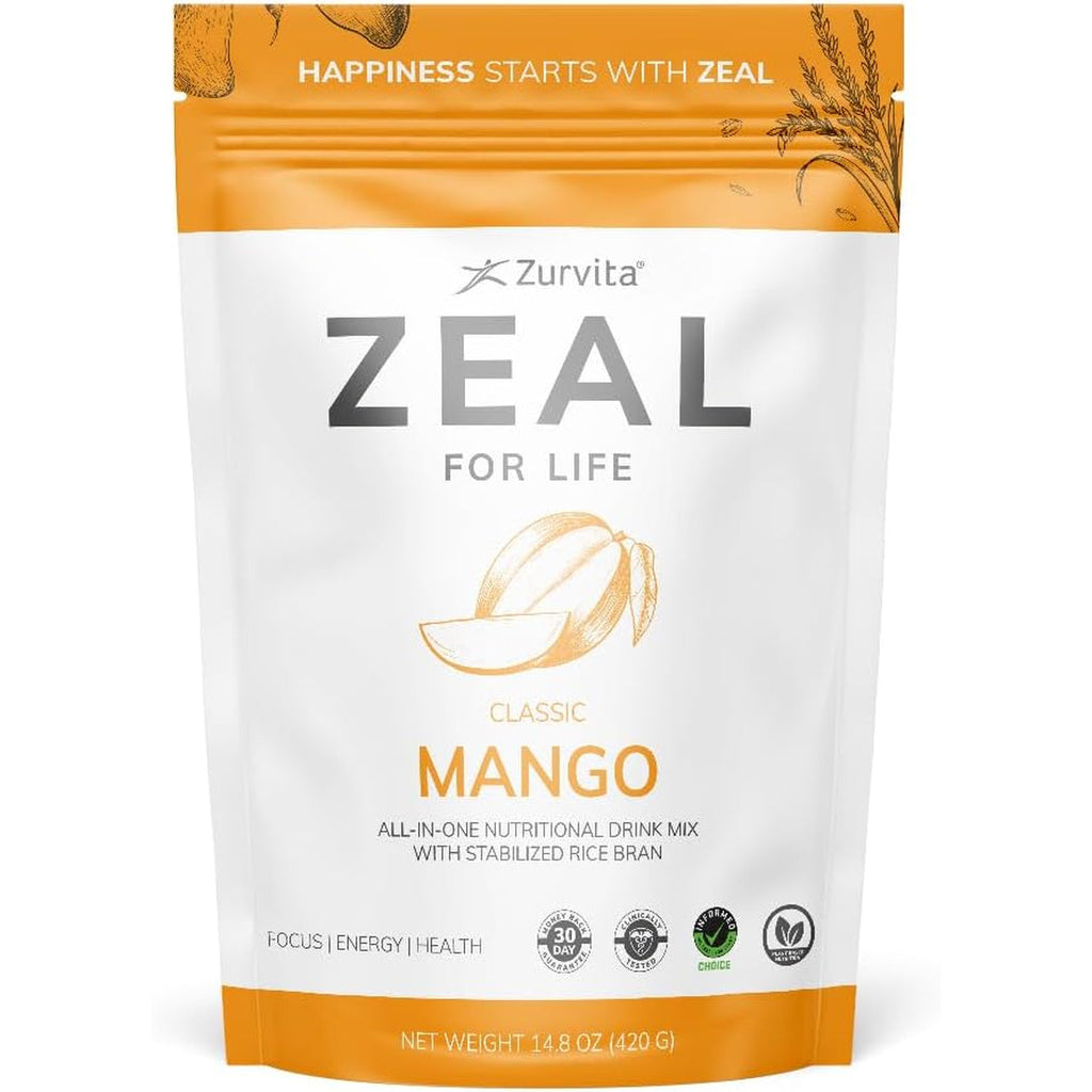 Zurvita Zeal for Life Wellness Drink Mix - Mango Flavor - Gluten-Free, Vegan, with Biotin, Vitamins B12, C, D, E, Iron, Magnesium - 30 Servings (420G)
