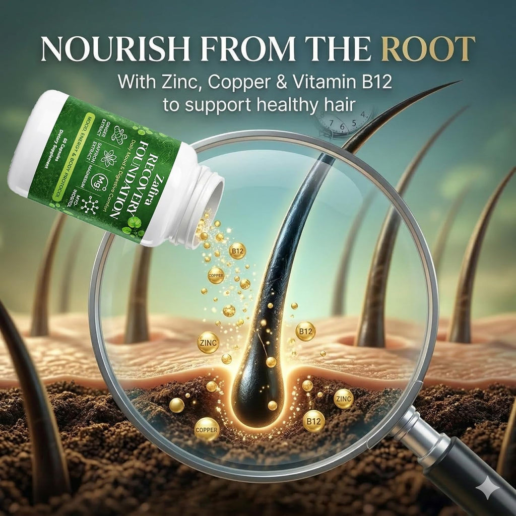 Zafira Recovery Foundation Capsules – Mental Clarity, Hair & Mood Support, Natural Herbal Formula with Saffron Extract, Ginger Extract, L-Theanine, Myo-Inositol, Non-Gmo, 60 Capsules