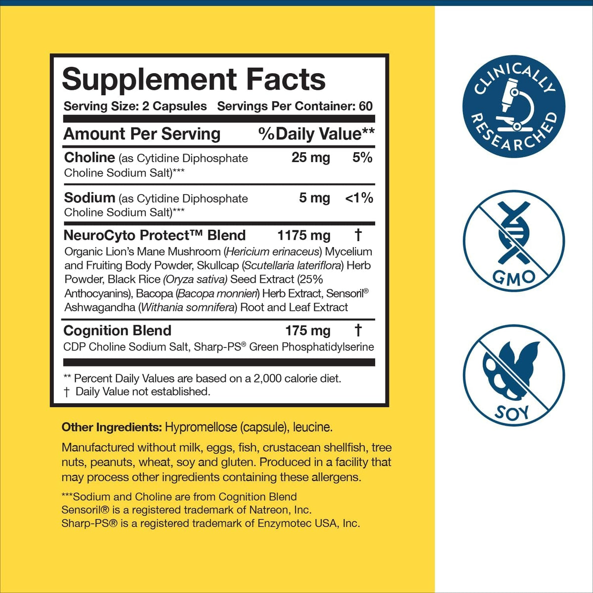 Researched Nutritionals BDNF Essentials - Clinically Researched Brain Supplement with Bacopa Monnieri & Lions Mane Mushroom - Supports Neuroplasticity, & Healthy Cortisol Levels, 120 Capsules