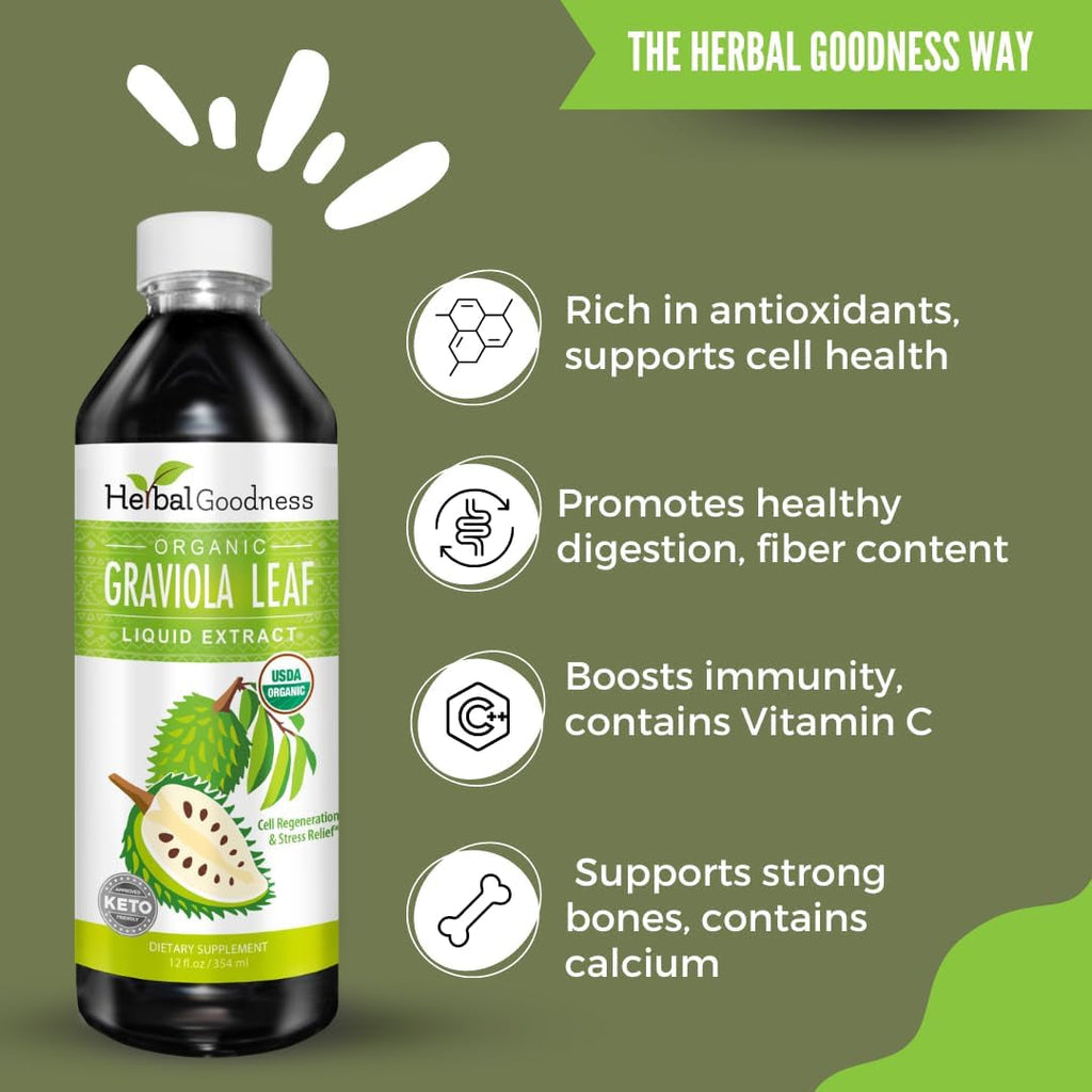 Herbal Goodness Soursop Graviola Liquid Drops 12 Fl Oz - 15X Strength Organic Guanábana Soursop Leaves Extract for Gut Health, Cell & Immune Support Serene Soursop Drops - Vegan, Non-Gmo, Made in USA