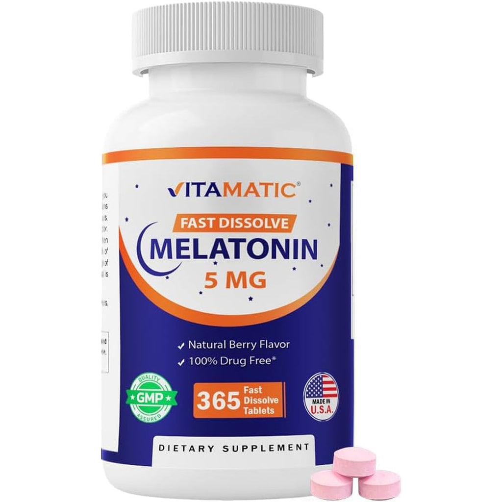 Vitamatic Melatonin 5 Mg Tablets | Vegetarian, Non-Gmo, Gluten Free | 1 Year Supply | Natural Berry Flavor - 365 Tablets