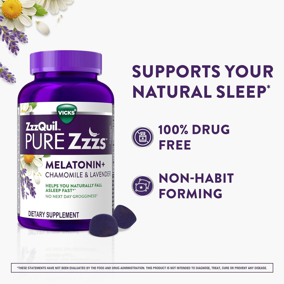 Zzzquil, Pure Zzzs Melatonin Gummies, Sleep Aid, Melatonin 2Mg, with Chamomile and Lavender, Melatonin Sleep Gummies, Sleep Aids for Adults, Wildberry Vanilla Flavored, 72 Sleep Gummies