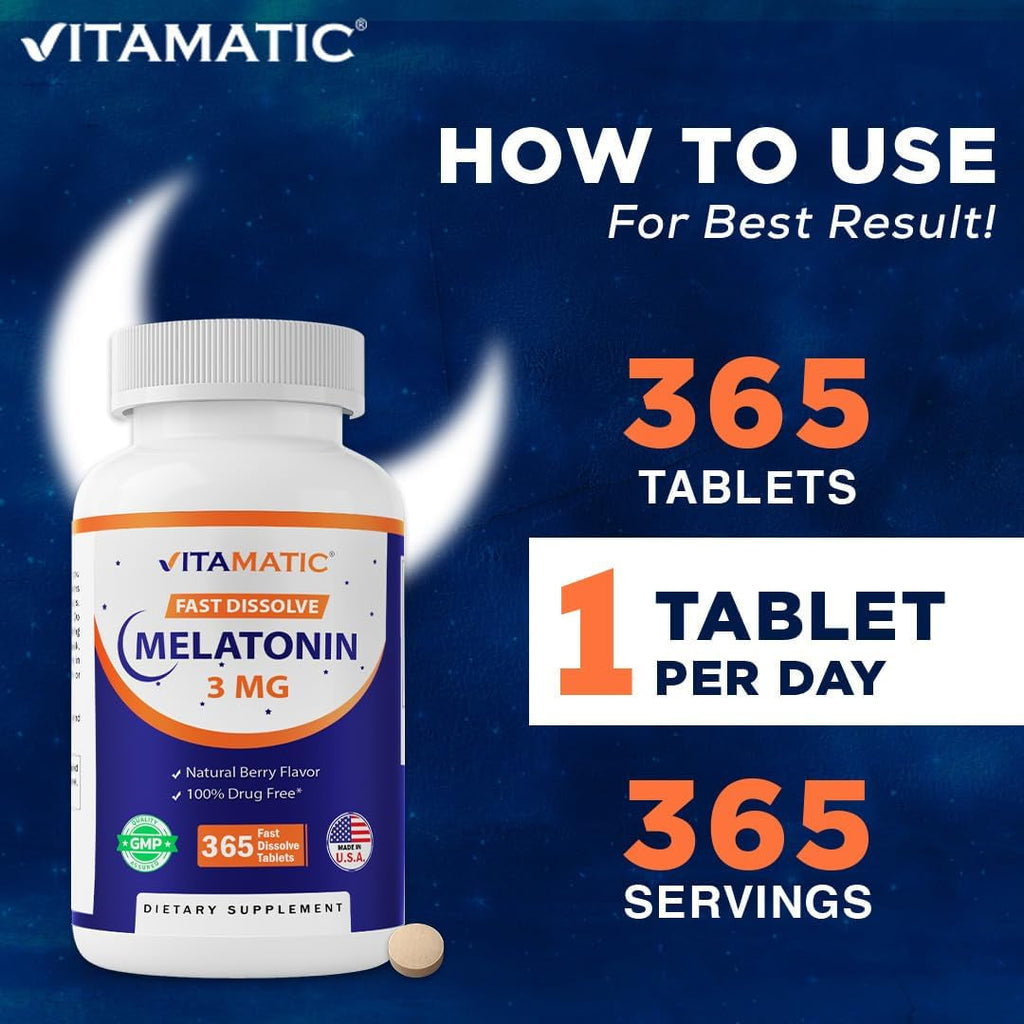 Vitamatic Melatonin 3Mg Tablets | Vegetarian, Non-Gmo, Gluten Free | 1 Year Supply | Natural Berry Flavor - 365 Tablets