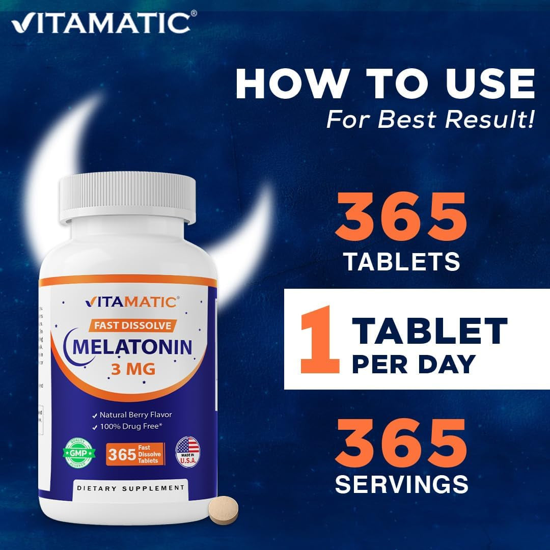 Vitamatic Melatonin 3Mg Tablets | Vegetarian, Non-Gmo, Gluten Free | 1 Year Supply | Natural Berry Flavor - 365 Tablets