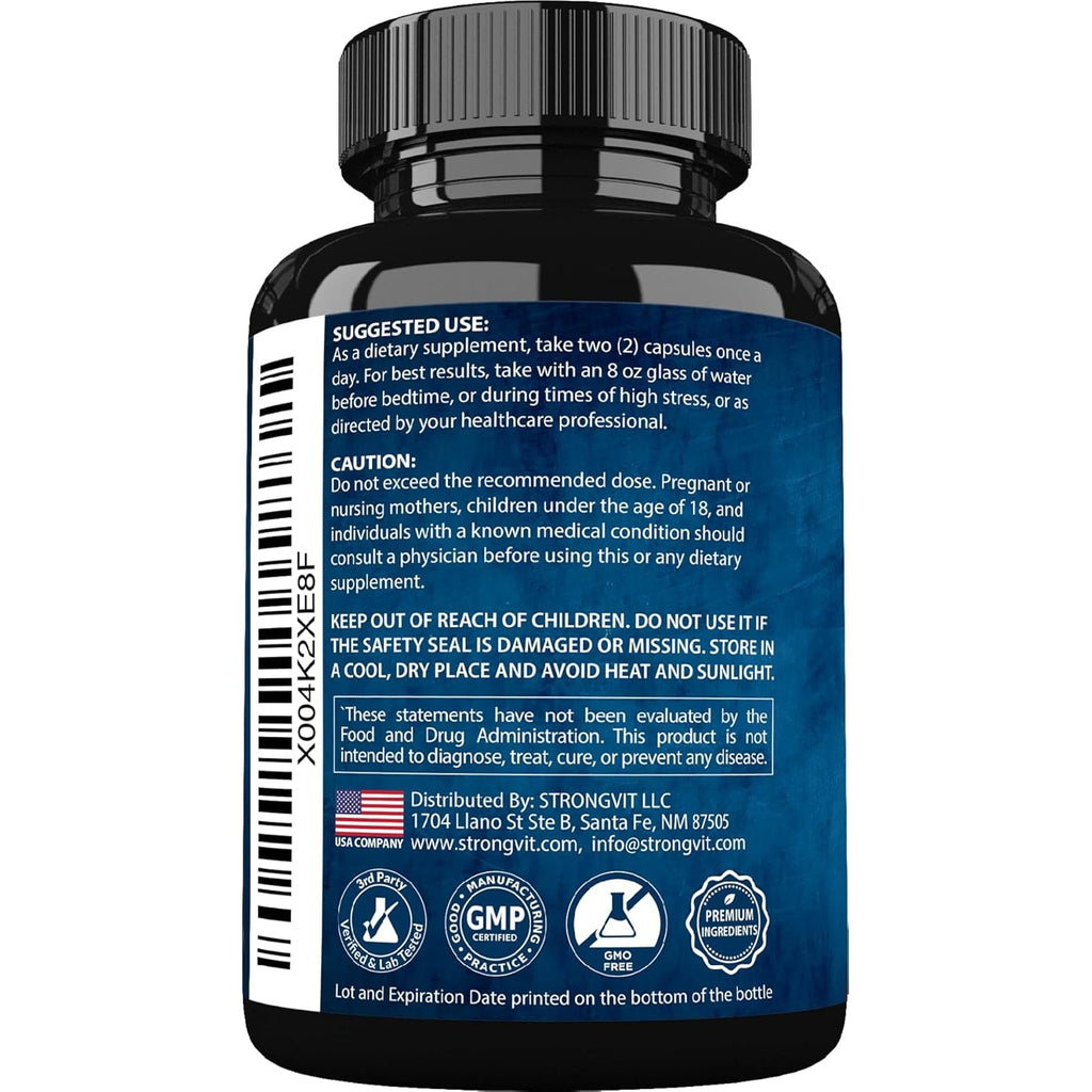Strongvit Cortisol Supplements for Women and Men with Magnesium, Ashwagandha & L-Theanine. High Cortisol Reducer, Manager, Detox, Lower and Control. Sleep Support & Stress Relief, USA