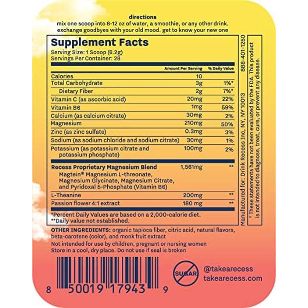 Recess Mood Powder, Calming Magnesium L-Threonate Blend with Passion Flower, L-Theanine, Electrolytes, Magnesium Calm Support Powder Supplement - Lemon Citrus 28 Serving Tub