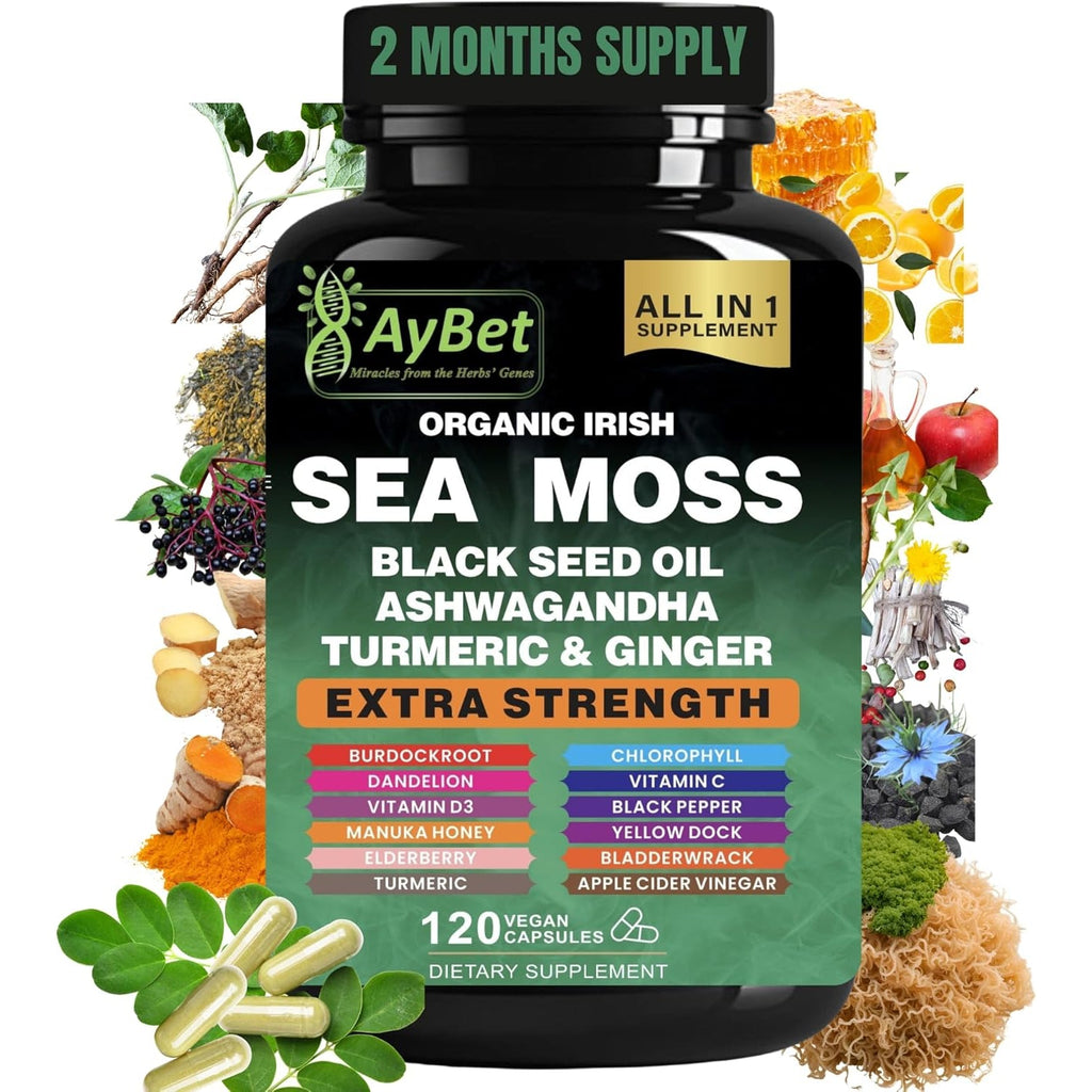 Organic Irish Sea Moss Capsules 120 Count –16 in 1 Sea Moss Supplement with Black Seed Oil, Ashwagandha, Turmeric & Ginger, Bladderwrack & Burdock Root, Vitamin D3 –Organic, Vegan, Halal, Non-Gmo