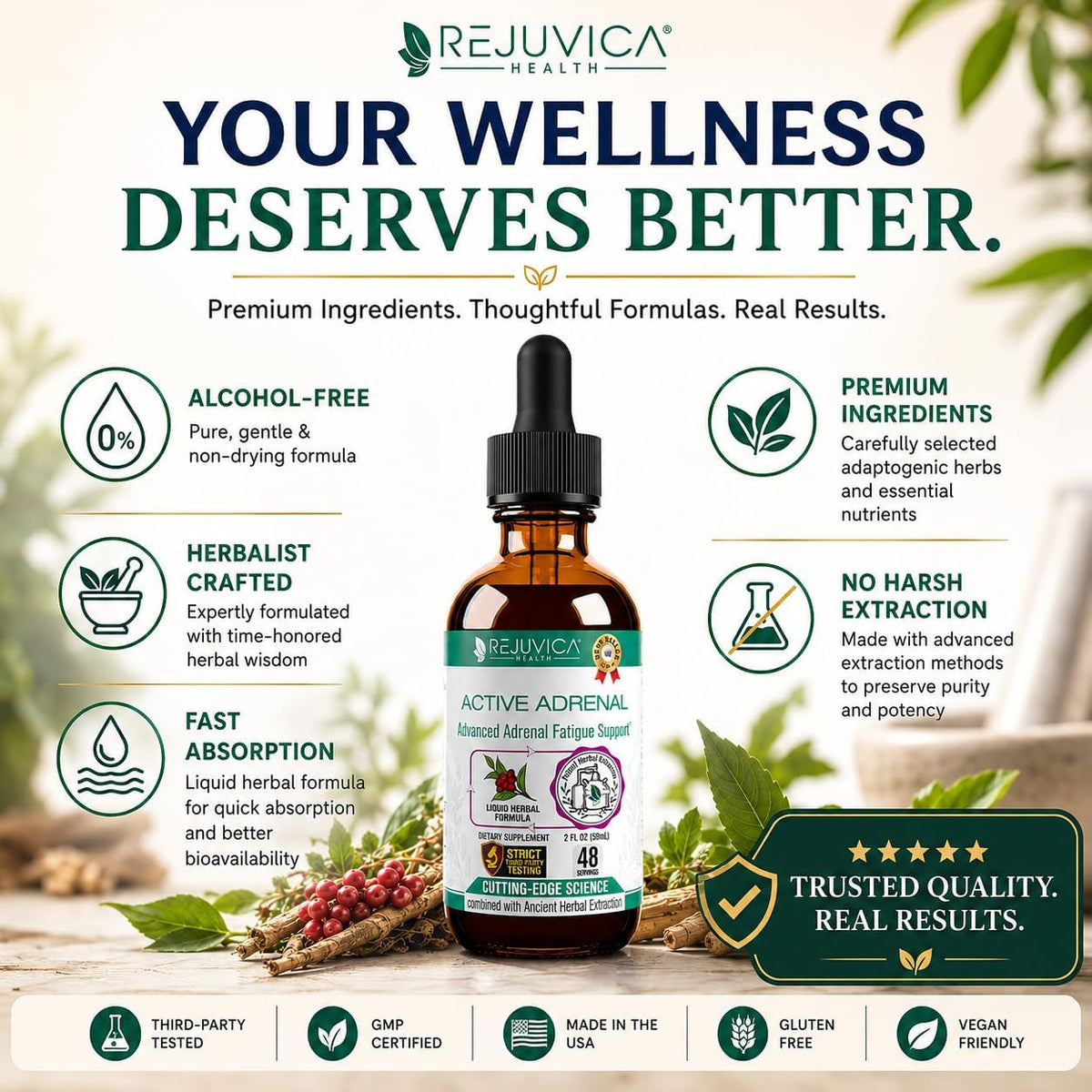 Rejuvica Health Active Adrenal - Advanced Adrenal Support Tincture - Liquid Delivery for Better Absorption - Ashwagandha, B-Vitamins, Magnesium and More