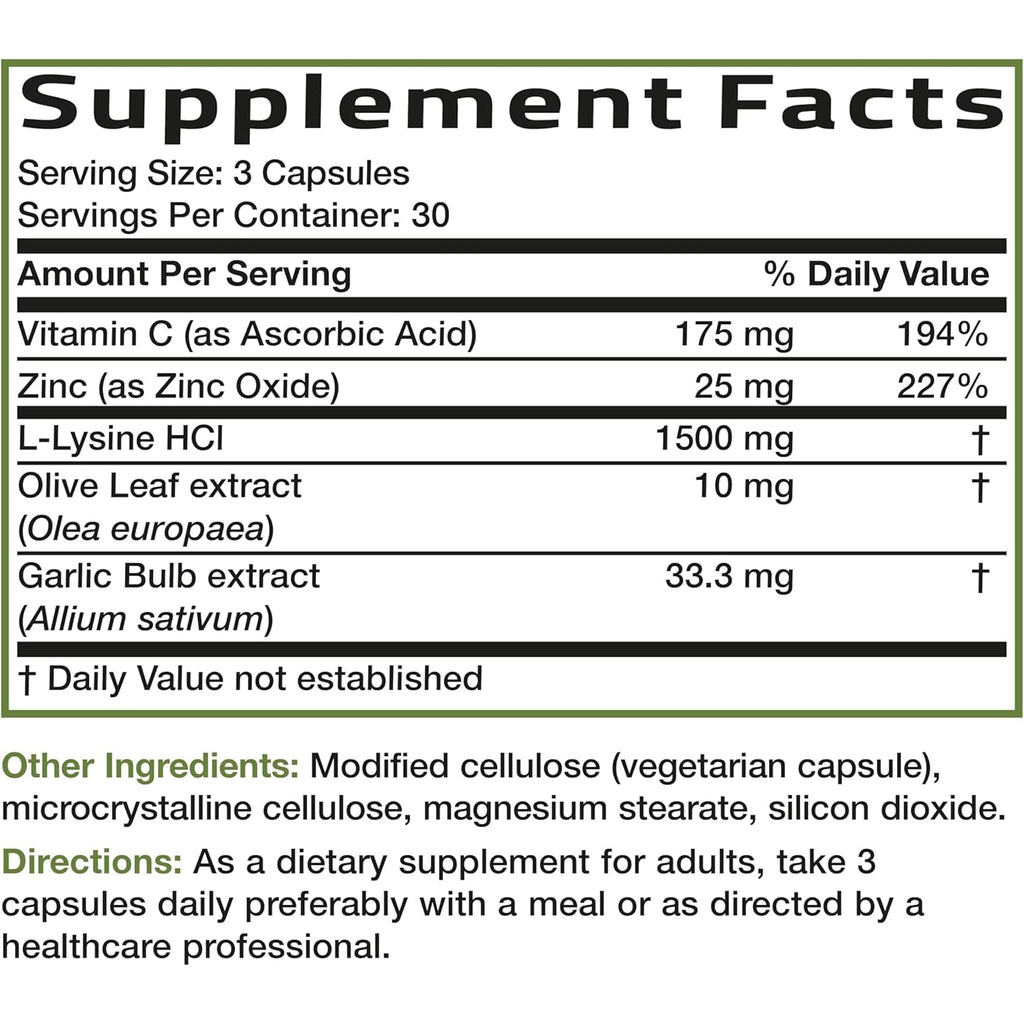 Bronson L-Lysine Defense Immune Support Complex 1500 MG L-Lysine plus Olive Leaf, Garlic, Vitamin C and Zinc - Non-Gmo, 90 Vegetarian Capsules