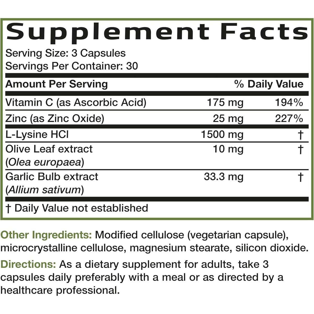Bronson L-Lysine Defense Immune Support Complex 1500 MG L-Lysine plus Olive Leaf, Garlic, Vitamin C and Zinc - Non-Gmo, 90 Vegetarian Capsules