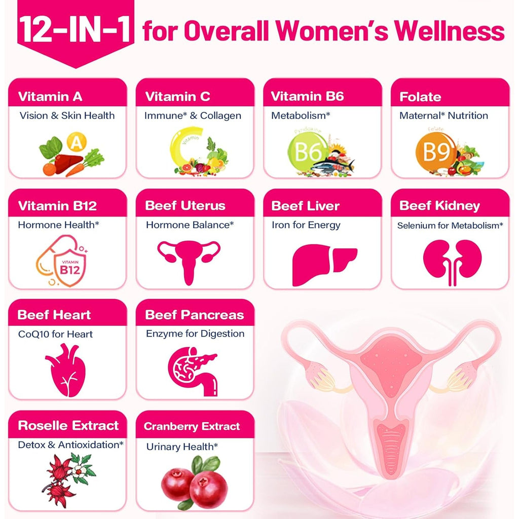 12-In-1 Beef Organ Supplement for Women - Beef Liver, Uterus, Kidney, Heart, Pancreas, 5 Vitamins & 2 Herbs, Hormone Balance, Menstruation, Energy, Immune - 100% Grass Fed, Pasture Raise - 120 Caps