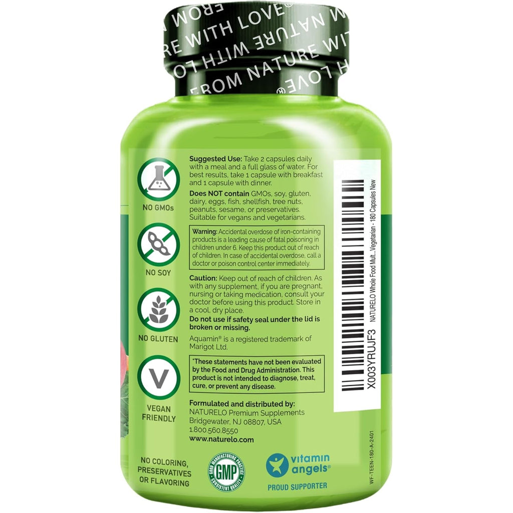 NATURELO Multivitamins for Teenage Girls/Boys, 180 Capsules, Whole Food Multivitamin with Minerals, Non-Gmo, Vegetarian