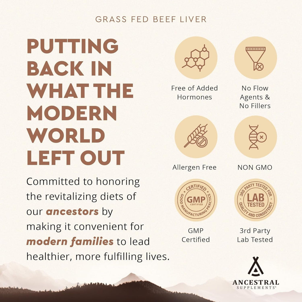Ancestral Supplements Grass Fed Beef Liver 180 Capsules, Supports Energy Production, Detoxification, Digestion, Immunity and Full Body Wellness, Non-Gmo, Freeze Dried Liver Health Supplement