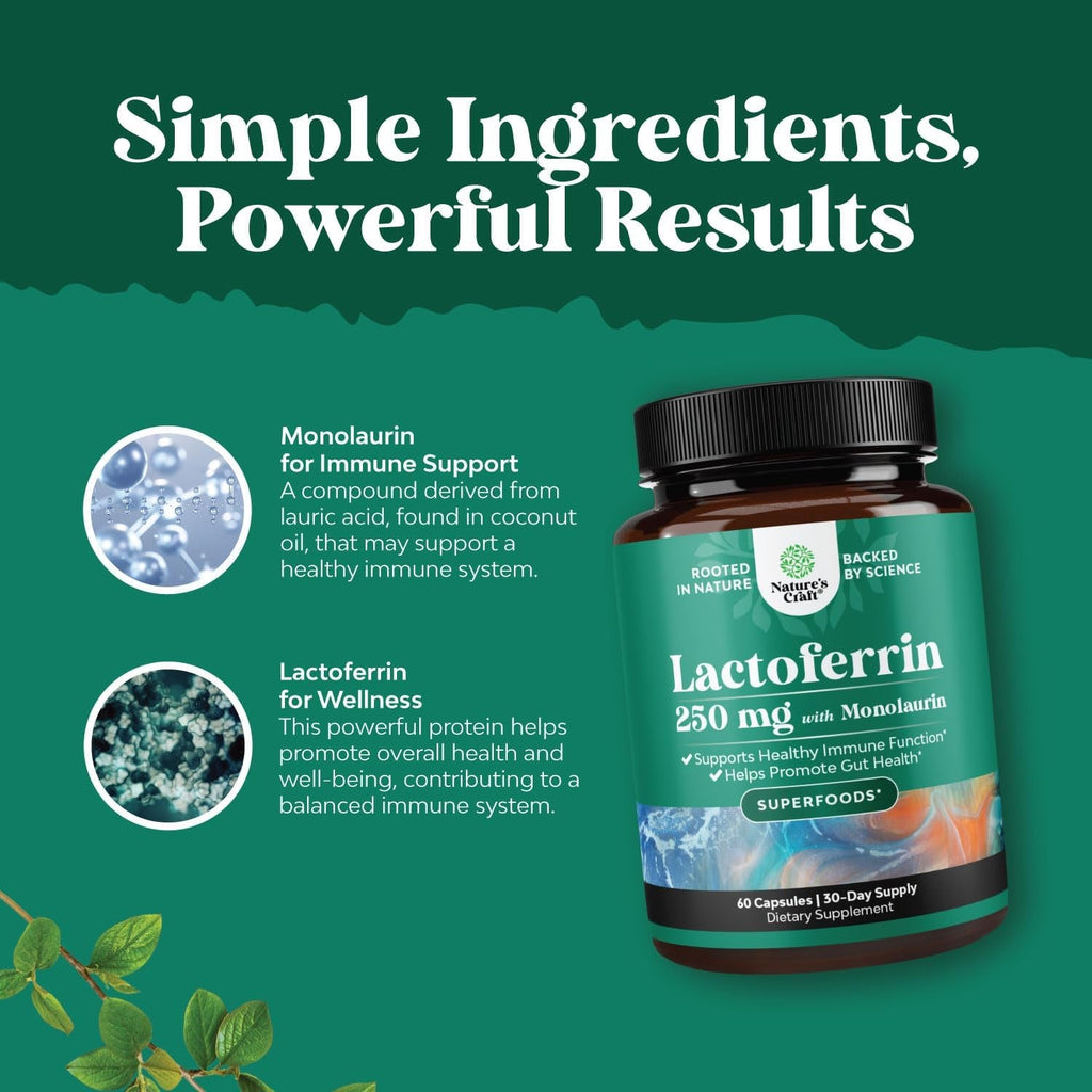 High Strength 250Mg Lactoferrin & 1000Mg Monolaurin Supplement - Microbiome Digestive Health Immune Support Supplement - Lactoferrin and Monolaurin Capsules - Vegetarian - 60 Count (Pack of 1)