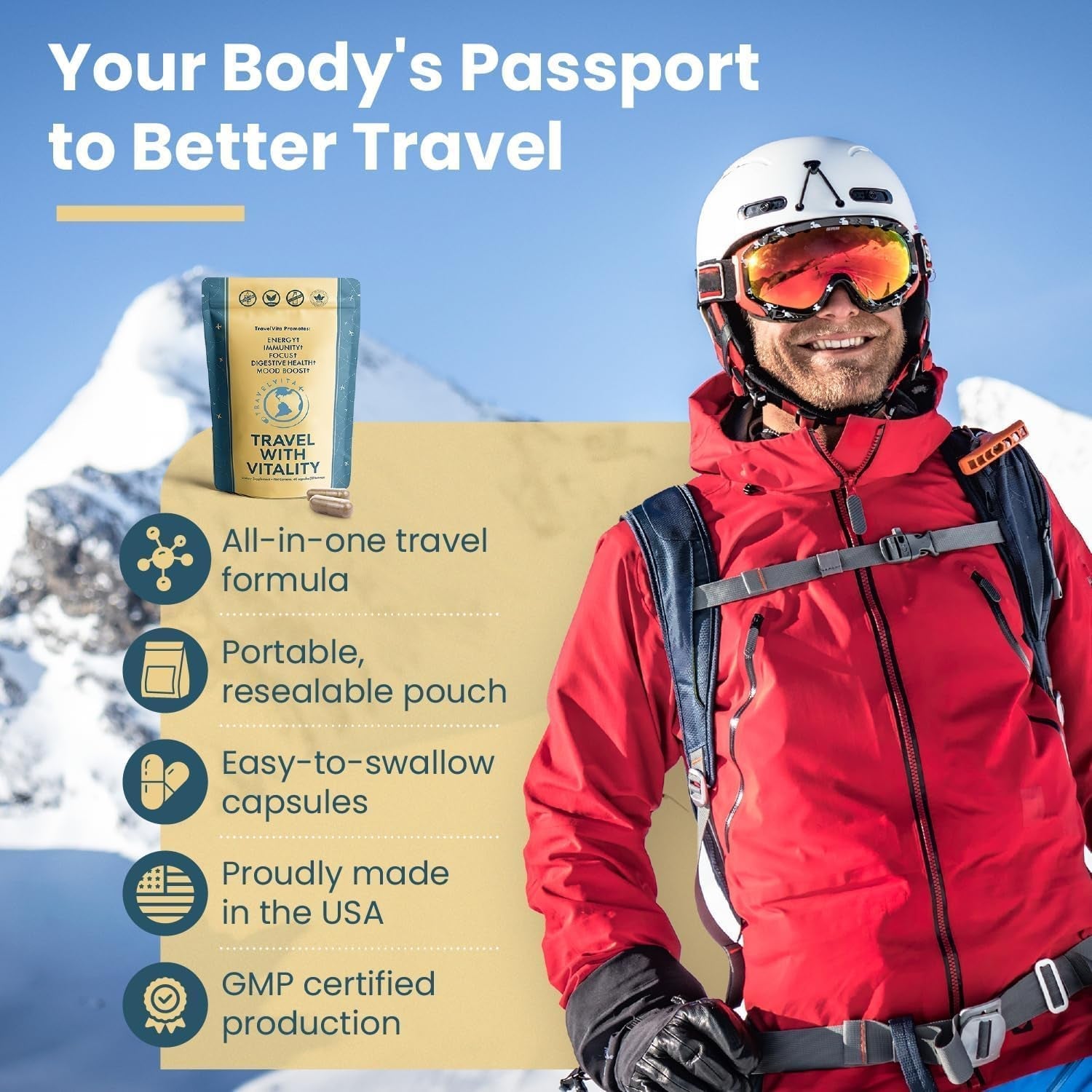Natural Travel Pills - Traveling Supplement for Jet Lag Relief, Digestion, Immunity, Energy, Sleep, Circulation - Vacation and Long Flight Essentials for Men and Women - 30 Day Supply