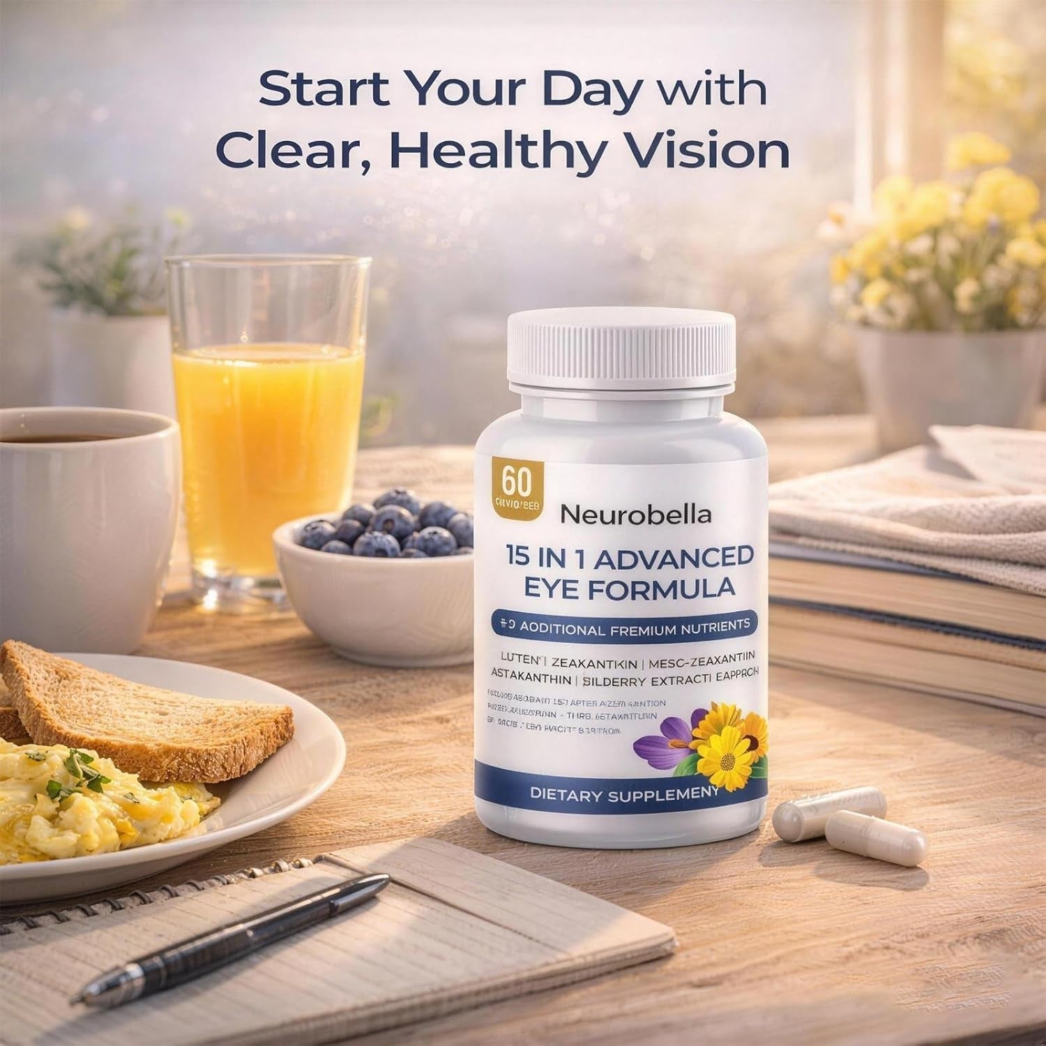 15-In-1 Advanced Eye Formula, Eye Support Formula for Daily Comfort with Lutein, Zinc, Luteolin, 60 Capsules