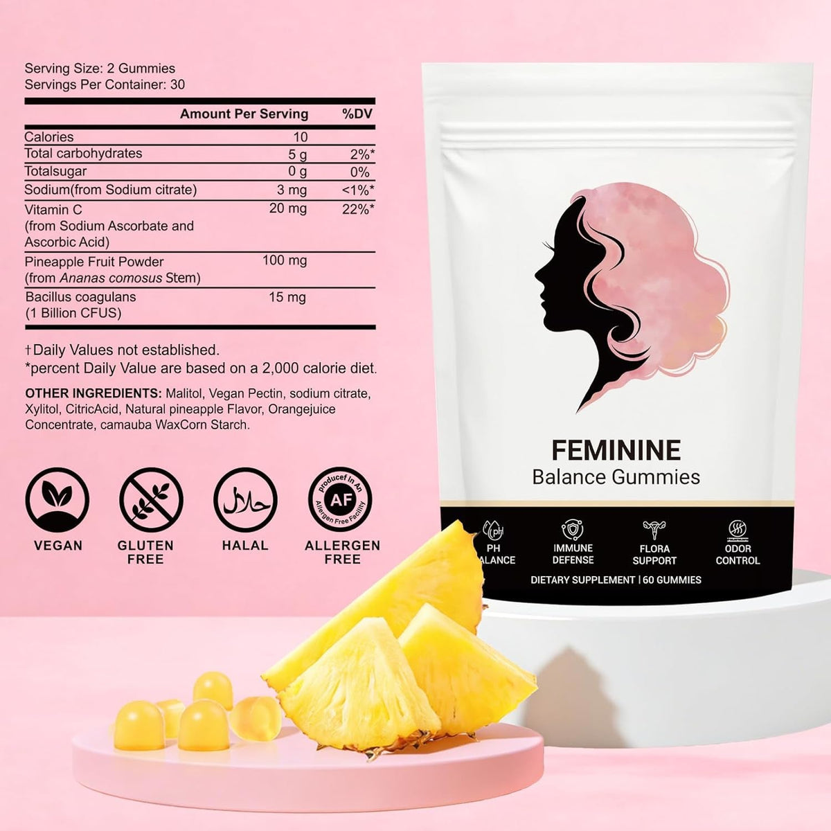 Feminine Balance Gummies for Women, Premium Hawaiian Pineapple Gummies with Vitamin C – Supports Women Ph Balance, Healthy Odor, Flora, Immune & Vaginal Health – Vegan, Gluten-Free, 60 Count