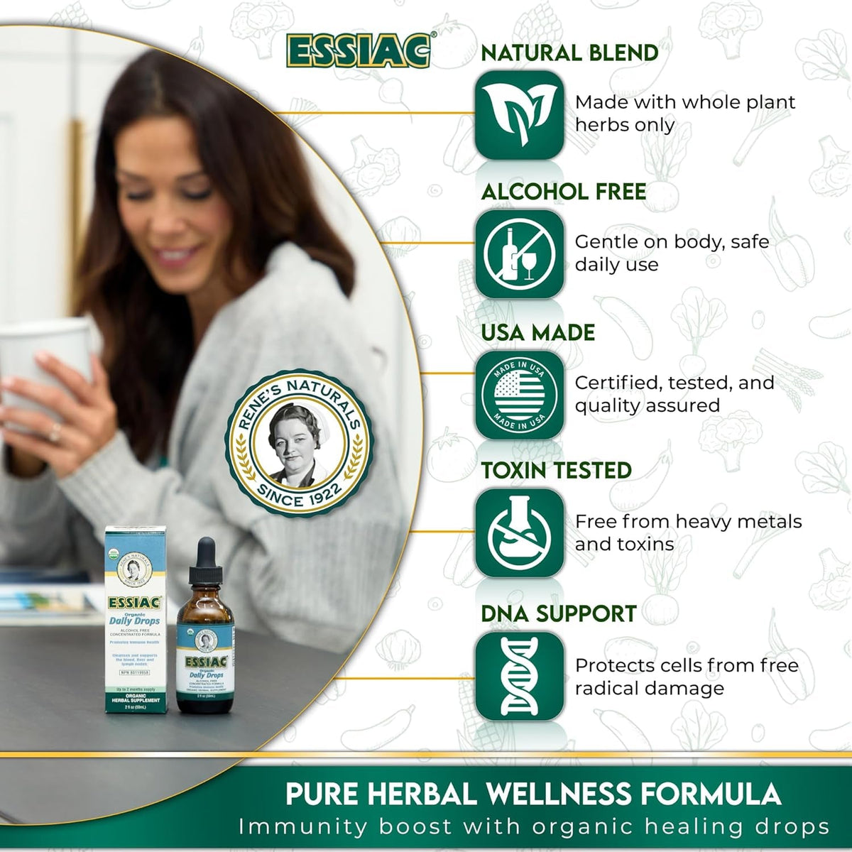 Essiac Original Tea USDA Organic Daily Drops for Enhanced Lymphatic Drainage and Immune Support | Alcohol Free Concentrated Formula | 2Oz (59Ml)