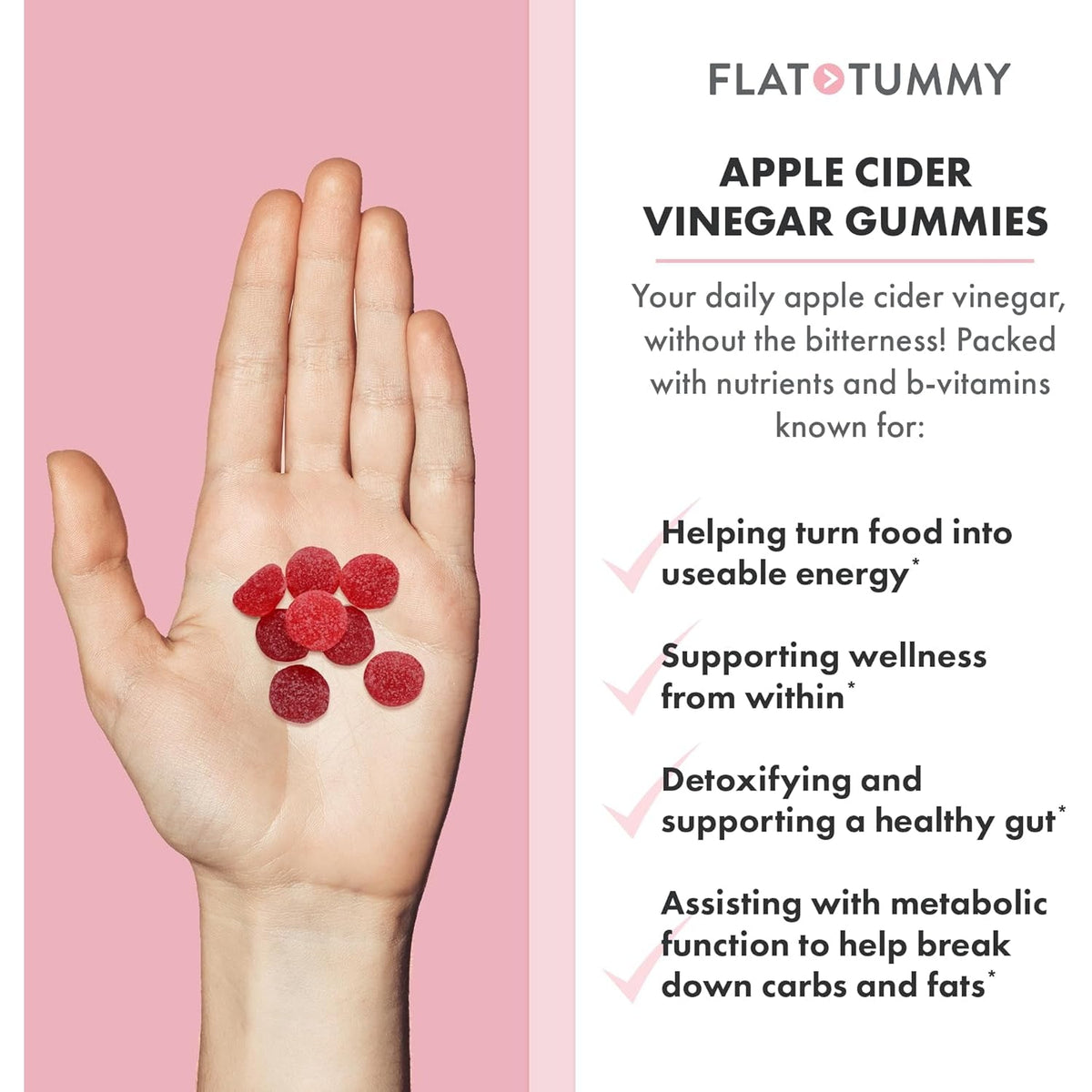 Flat Tummy Apple Cider Vinegar Gummies, 60 Count – ACV Gummies, Detox, Support Gut Health – Vegan-Friendly, Non-Gmo - Beet and Pomegranate Superfood Powders, Vitamins B6, B9 & B12