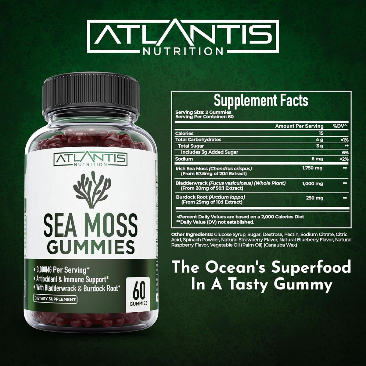 Irish Sea Moss Gummies - 3000MG - Formulated W/ Irish Sea Moss, Bladderwrack & Burdock Root, Contain Essential Vitamin & Mineral - Antioxidant-Rich Superfood Supplement, 60 Sea Moss Gummies for Adults