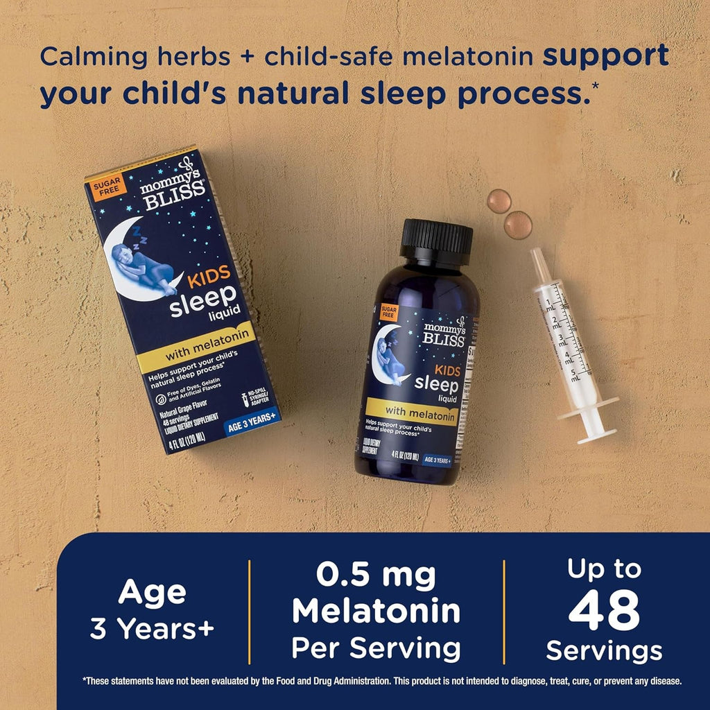 Mommy'S Bliss Kids Sleep Liquid with Melatonin & Calming Herbs | Melatonin for Children 3 Years & up | Grape Flavor | Sugar Free | 4 Fl Oz (60 Servings)