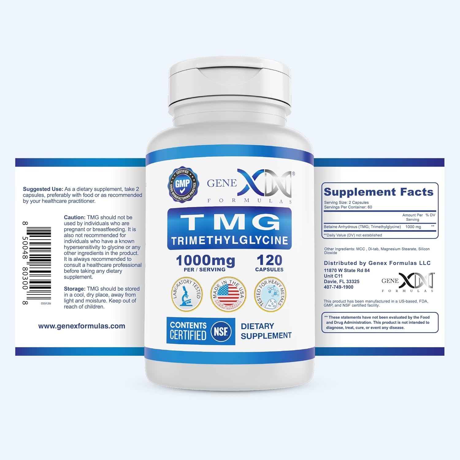 Genex Formulas TMG Supplement 1000Mg (120 Capsules) - NSF Certified for Safety, Quality & Label Accuracy - Betaine Anhydrous Trimethylglycine - Liver Supplement - Gluten Free & Non-Gmo - 30-Day Supply